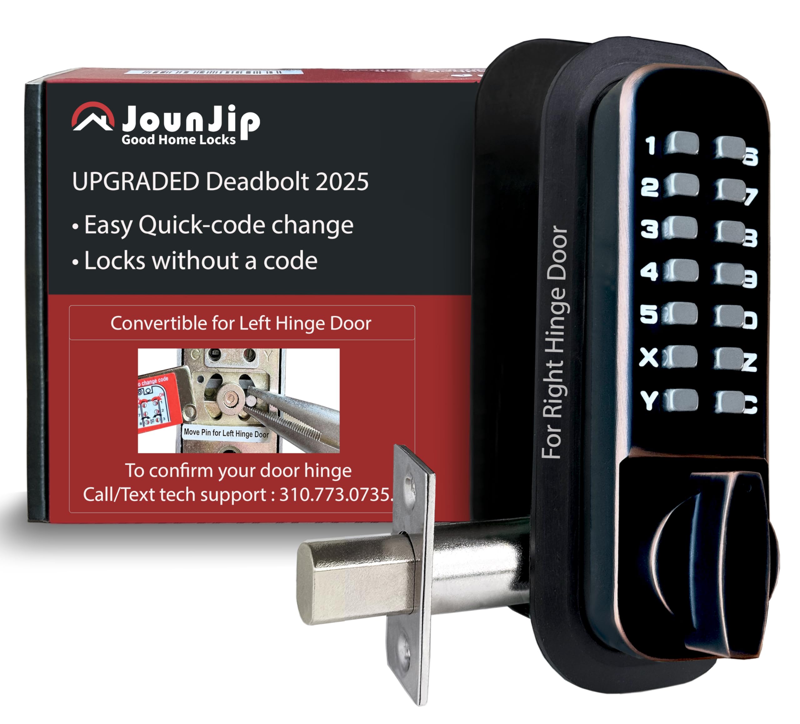 Jounjip Mechanical Deadbolt Lock - Keyless Entry Door Lock - Code Not Required When Locking – 100% Mechanical With Flat Spindle, Thumb Turn Door Knob - Oil-Rubbed Bronze [ ]
