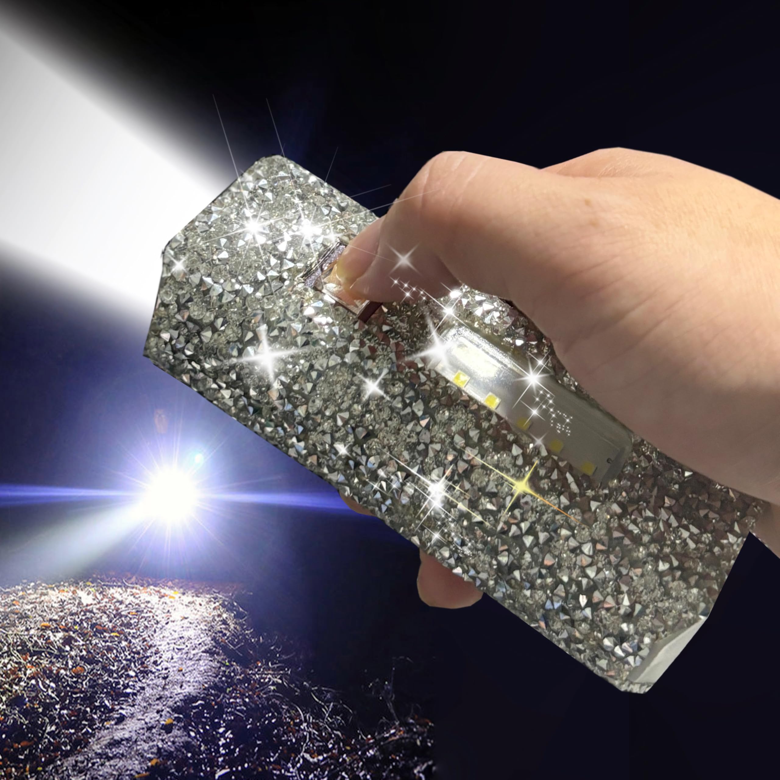 Caizishen Silver Diamond Decor Flashlight For Women - Glitter Rhinestone, Cute And Sparkly For Camping Essentials