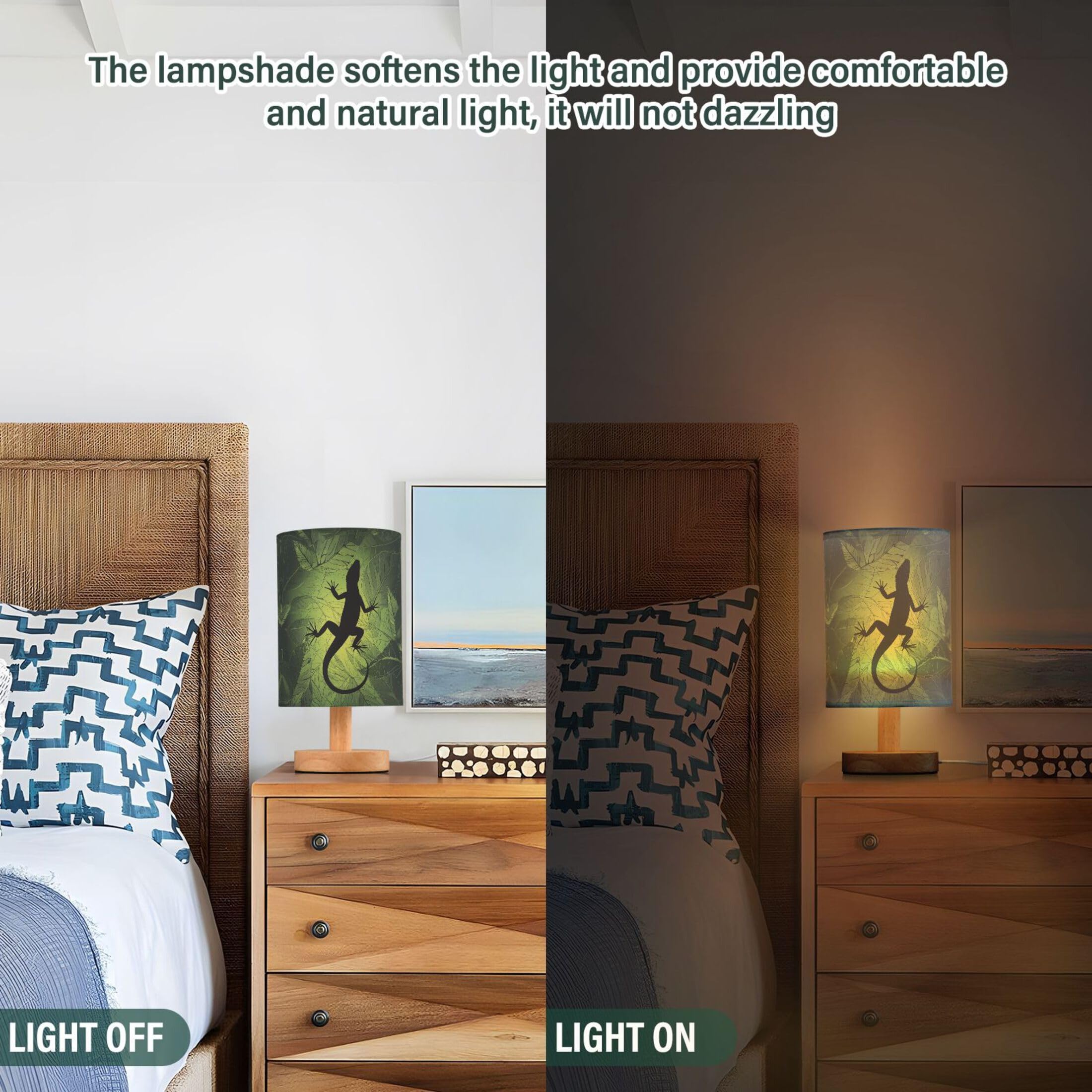 Yyzzh Table Lamp Chameleon Lizard Gecko Shape On Green Leaf Nightstand Lamp With Wood Base Fabric Lamp Shade Bedside Desk Lamp For Living Room Bedroom Kids Room Office