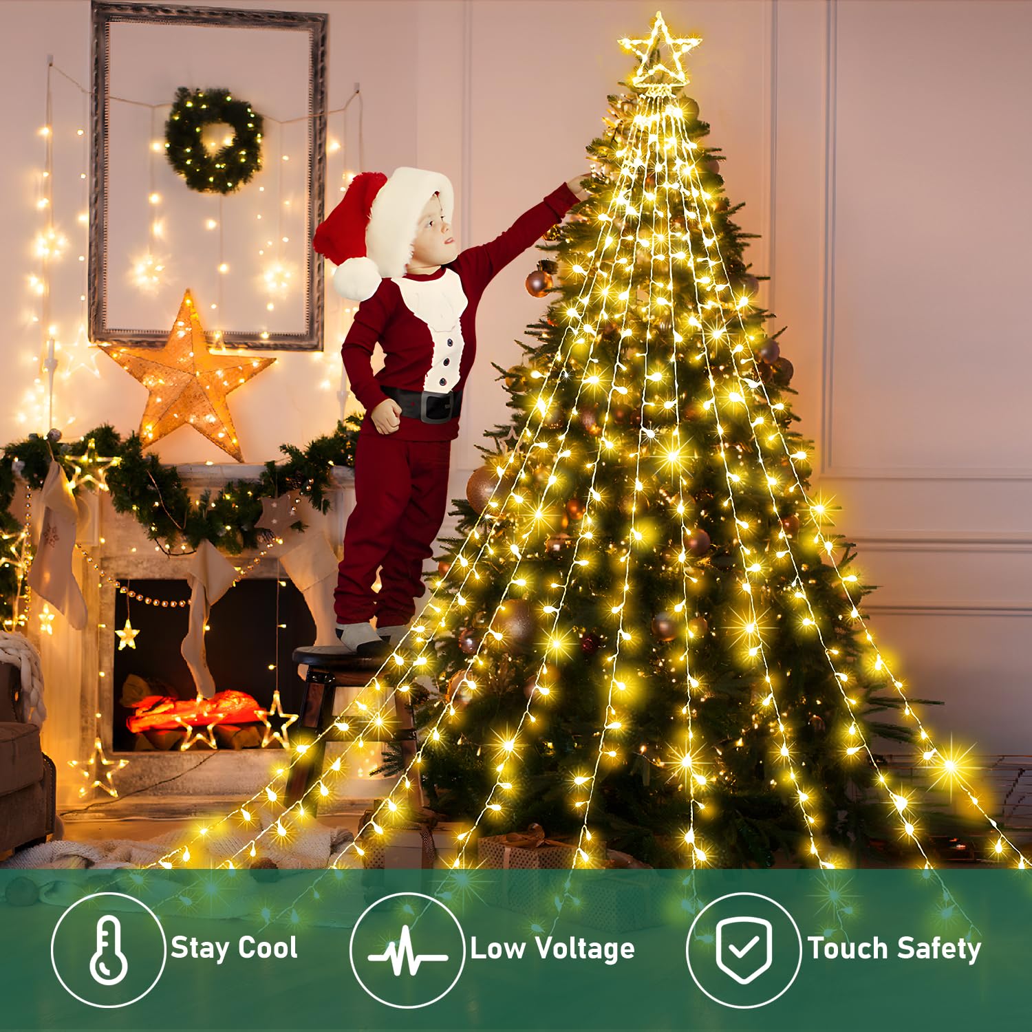 Xurisen Outdoor Christmas Decorations Star Light,11.8 Ft 337 Led Waterfall Tree Lights With Topper Star String Lights Plug In, 8 Modes Christmas Lights For Party Home Holiday Decor(Warm White)