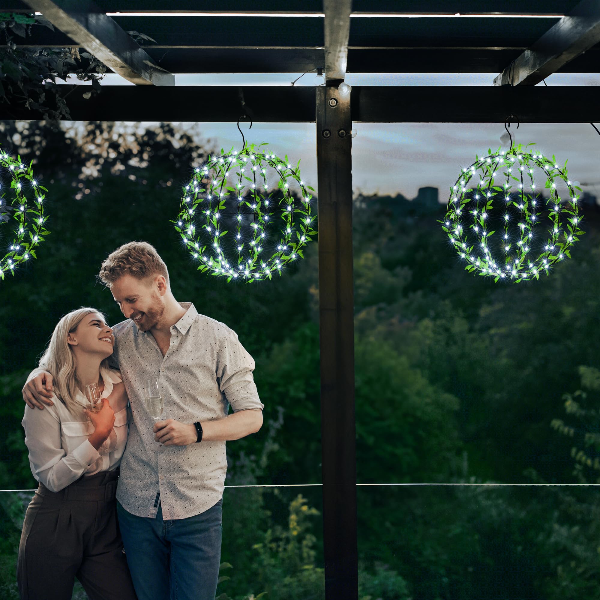 Flacchi Solar Powered Hanging Iron Sphere Lights With Artificial Greenery – 12Inch 120 Led Waterproof Outdoor Decor Ball Light With Timer & 8 Modes – 2 Pack For Garden, Christmas, Weddings (Cool White)