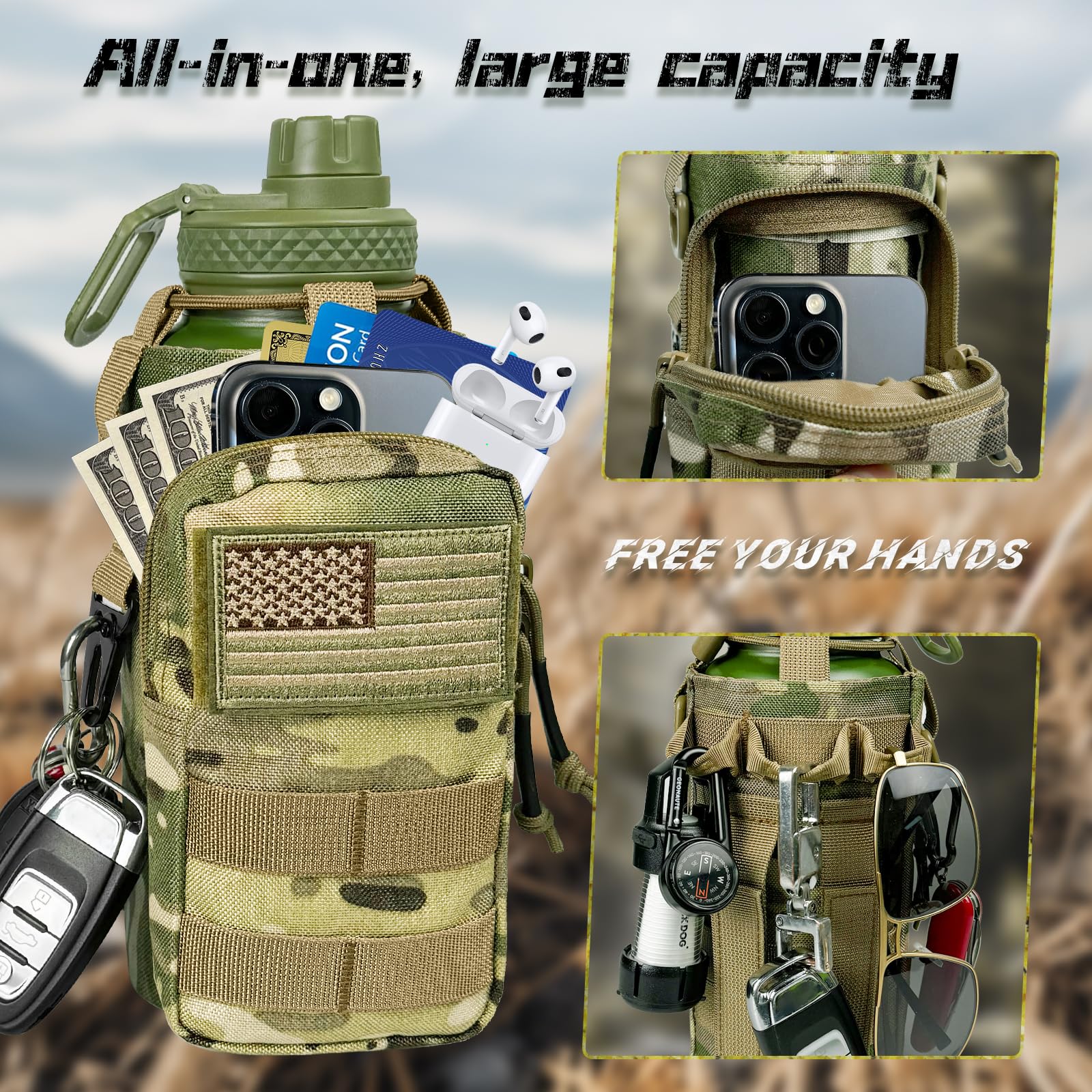 32 Oz Water Bottle With Sleeve - Military Green Stainless Steel Metal Insulated Water Jug