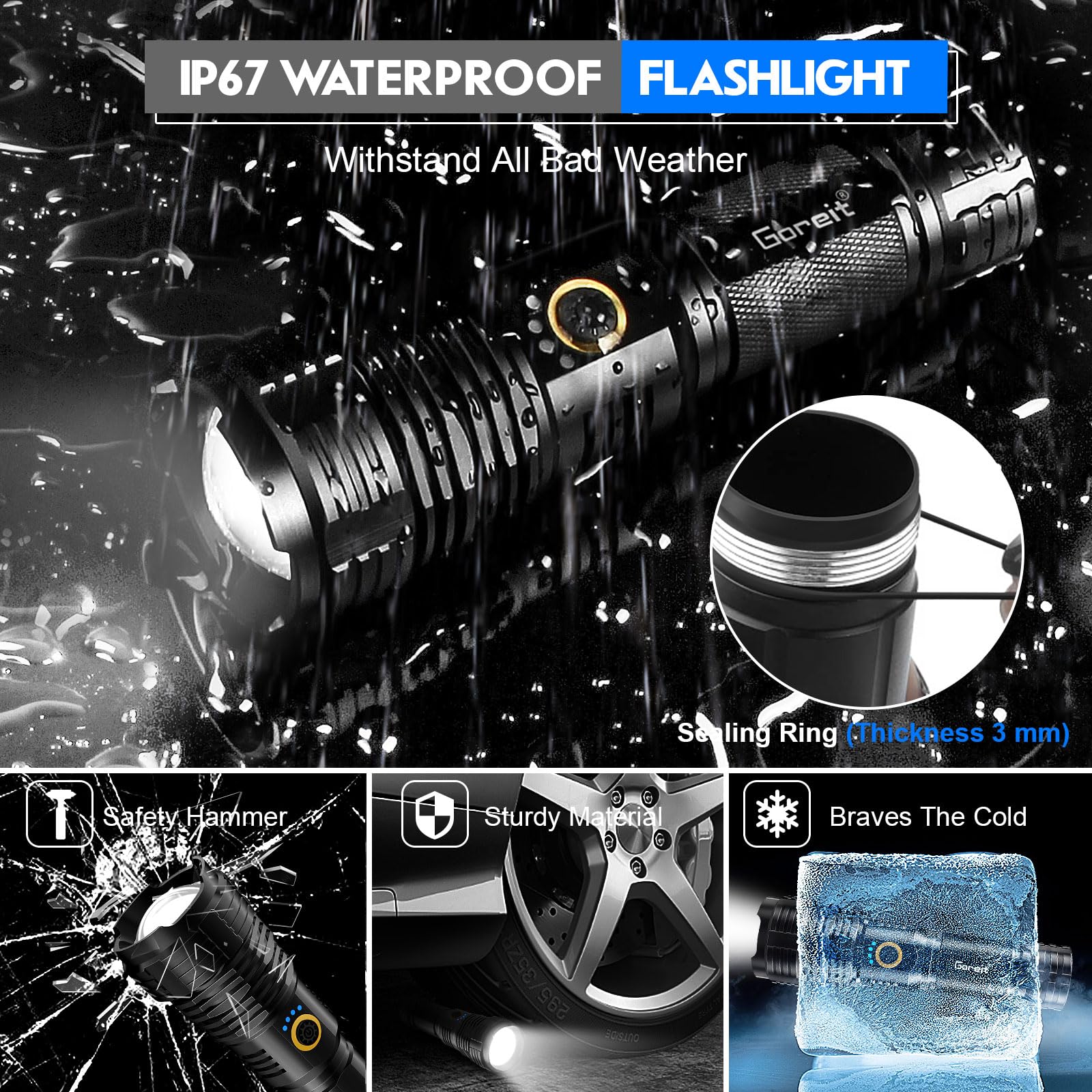 Goreit Flashlights Led High Lumens Rechargeable, 990000 Lumens Xhp70.2 Super Bright Flashlight, Flash Light Battery Powered, Powerful Handheld Flashlight With Holster For Emergency Camping Hiking