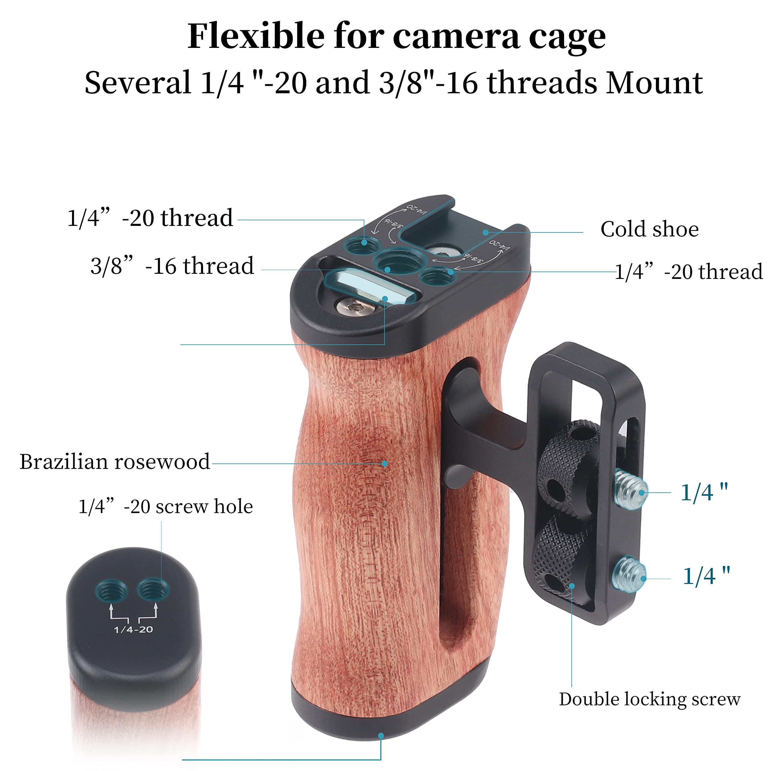 Fotga Wooden Side Handle Grip With 1/4"-20 Mount Holes Cold Shoe For Dslr Mirrorless Video Camera Cage Microphone Built-In Wrench,Adjustable Up And Down