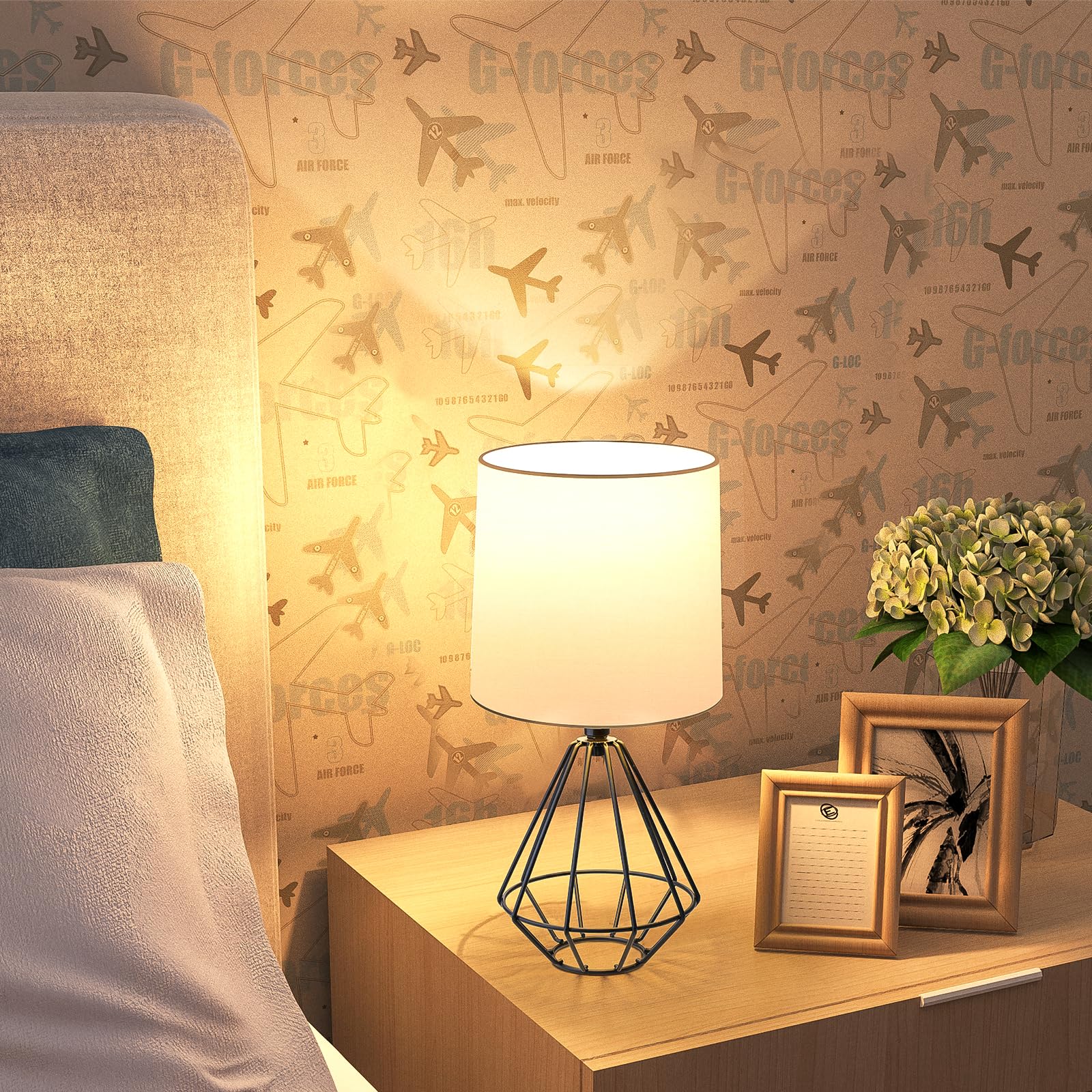 Ggoying Set Of 2 Bedside Table Lamp, Black Metal Modern Lamp With White Fabric Shade, Simple Side Lamp For Living Room,Bedroom,Home,Office Working