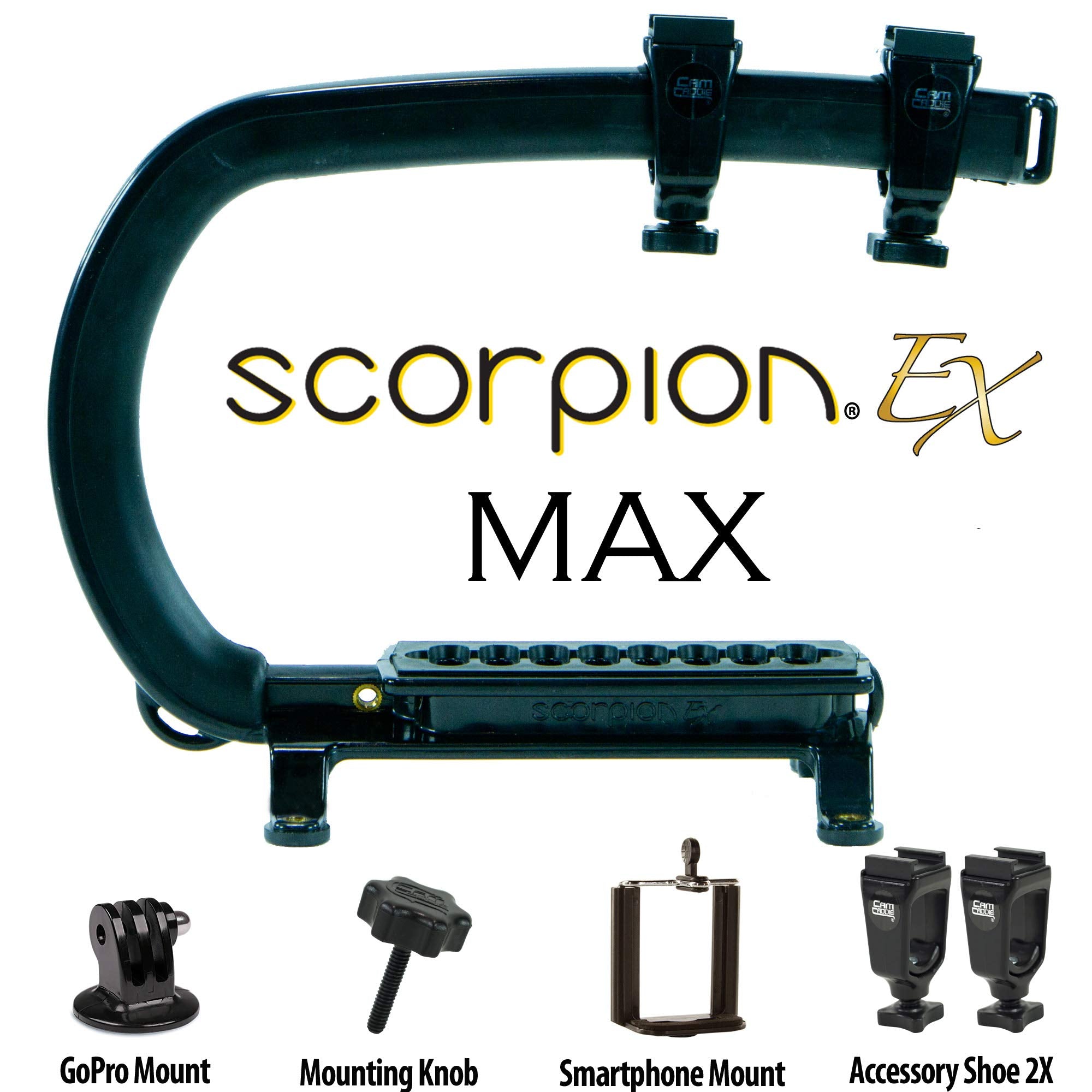 Cam Caddie Scorpion Ex Max Handheld Camera Stabilizer - Pro Steadycam For Most Cameras, Camcorders, Smart Phones And Action Cams - Includes (2) Accessory Shoes + Smartphone/Gopro Adapters - Black