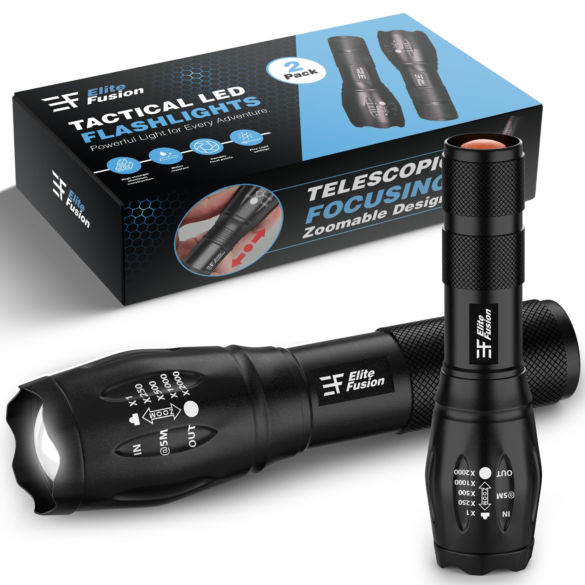 Elite Fusion Utility Led Flashlight 2-Pack, High Lumens, 5 Light Modes, Adjustable Zoom, Water-Resistant, Durable Aluminum, Aaa Battery, Lightweight, Ideal Flashlights For Home & Outdoor Use