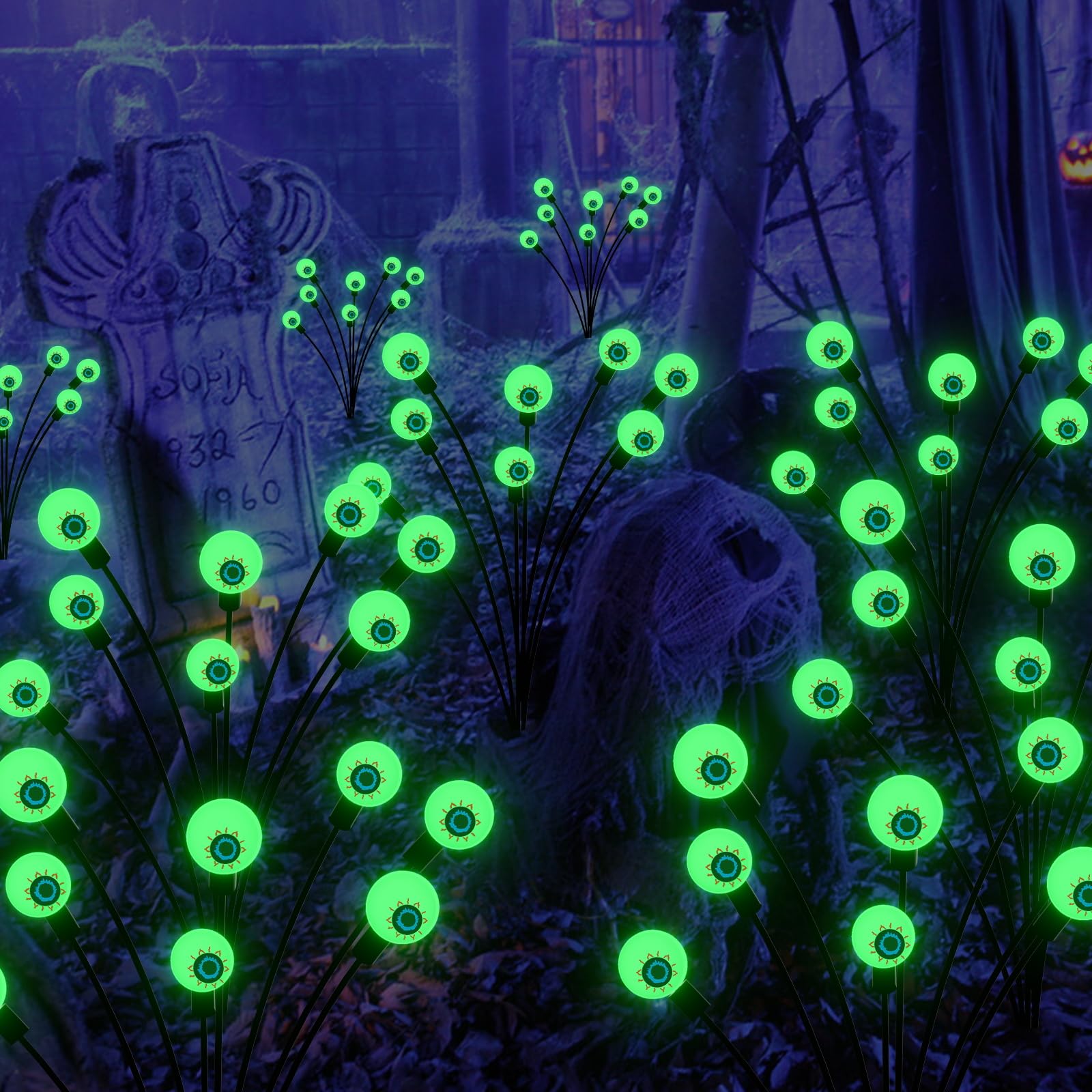 Lasgu Outdoor Solar Garden Lights (4 Pack), Scary Eyeball Leds (32), Spooky Outdoor Decor For Yard And Patio (Green)