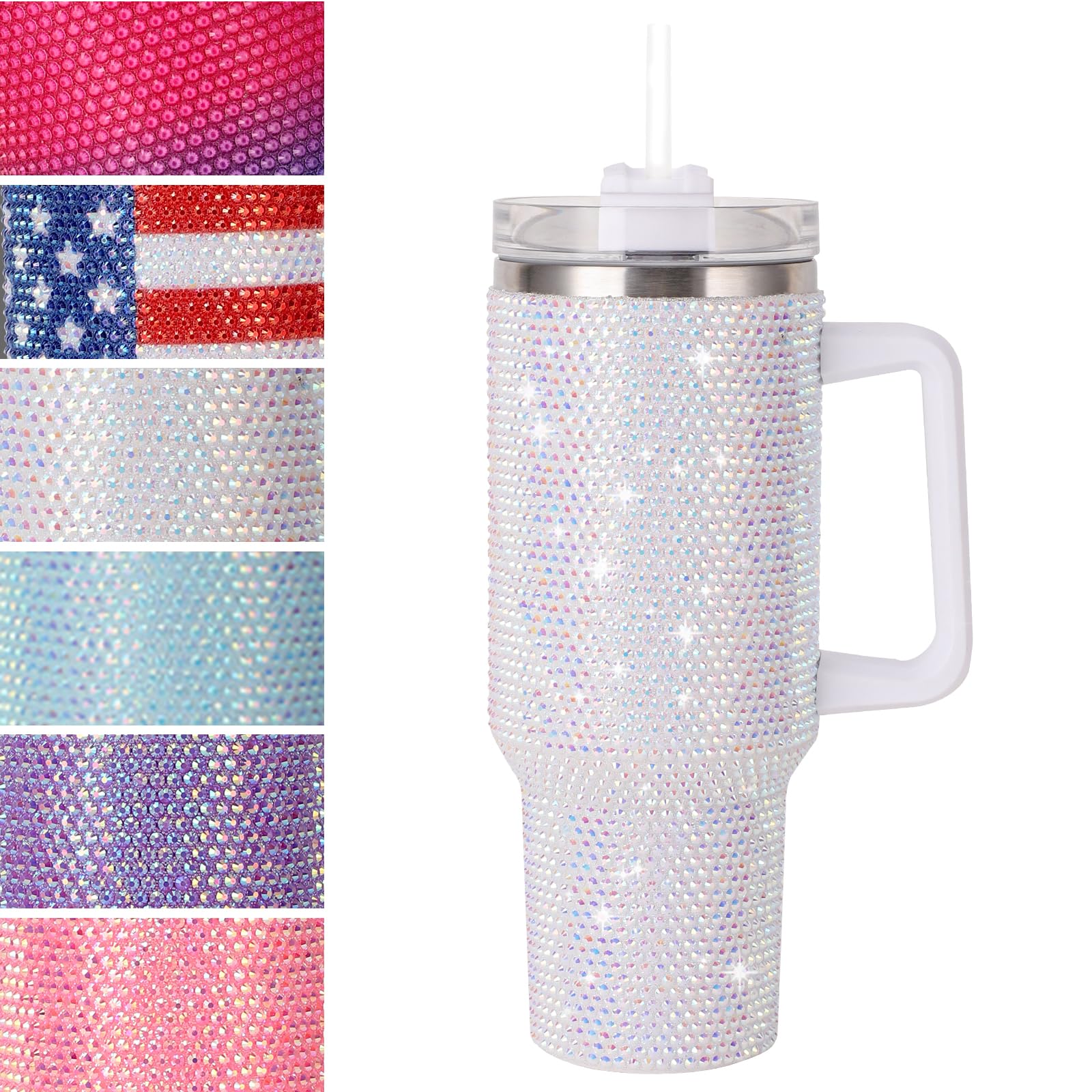 40Oz Bling Tumbler With Handle Studded Rhinestone Tumbler Glitter Cups With Lid Stainless Steel