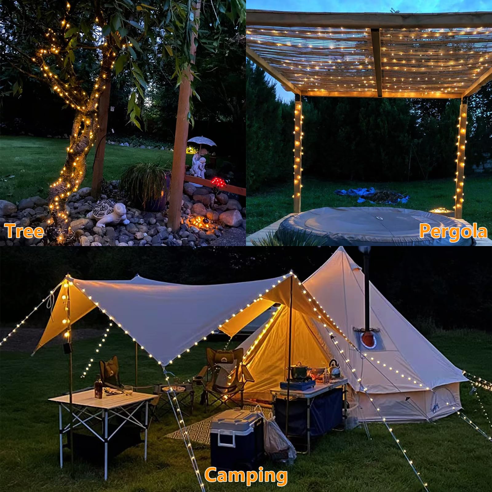 Yeguo Solar Fairy Lights Outdoor Waterproof, 4 Packs Each 33Ft 100 Led String Lights Warm White, 8 Modes Silver Wire Twinkle Lights