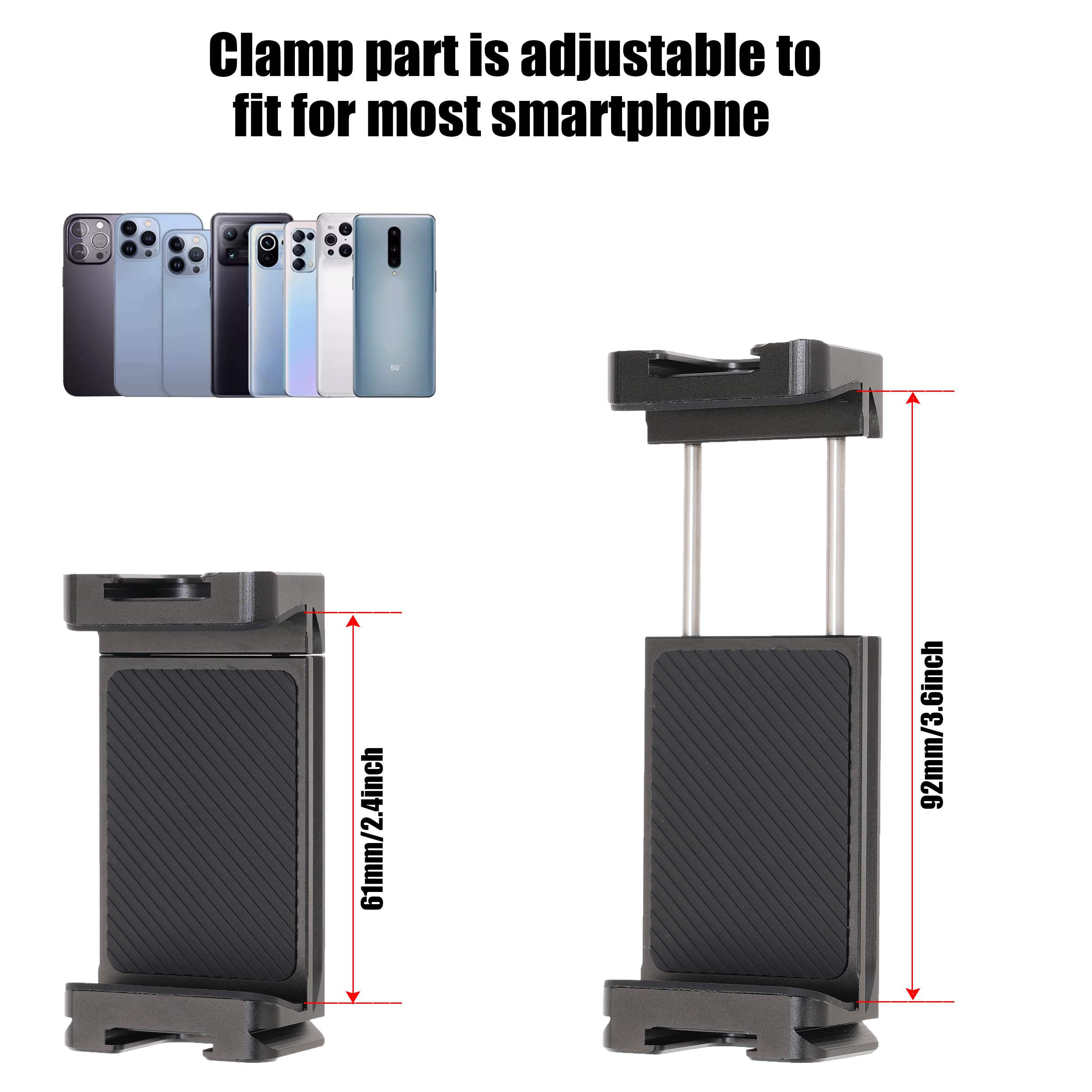 Fotga Universal 360° Rotatable Cell Phone Smartphone Support Clamp Clip Tripod Mount With Cold Shoe Adapter For Iphone 14 15 16 Samsung Etc, 2 Cold Shoe Mount 1/4" 3/8" Holes For Microphone Led Light