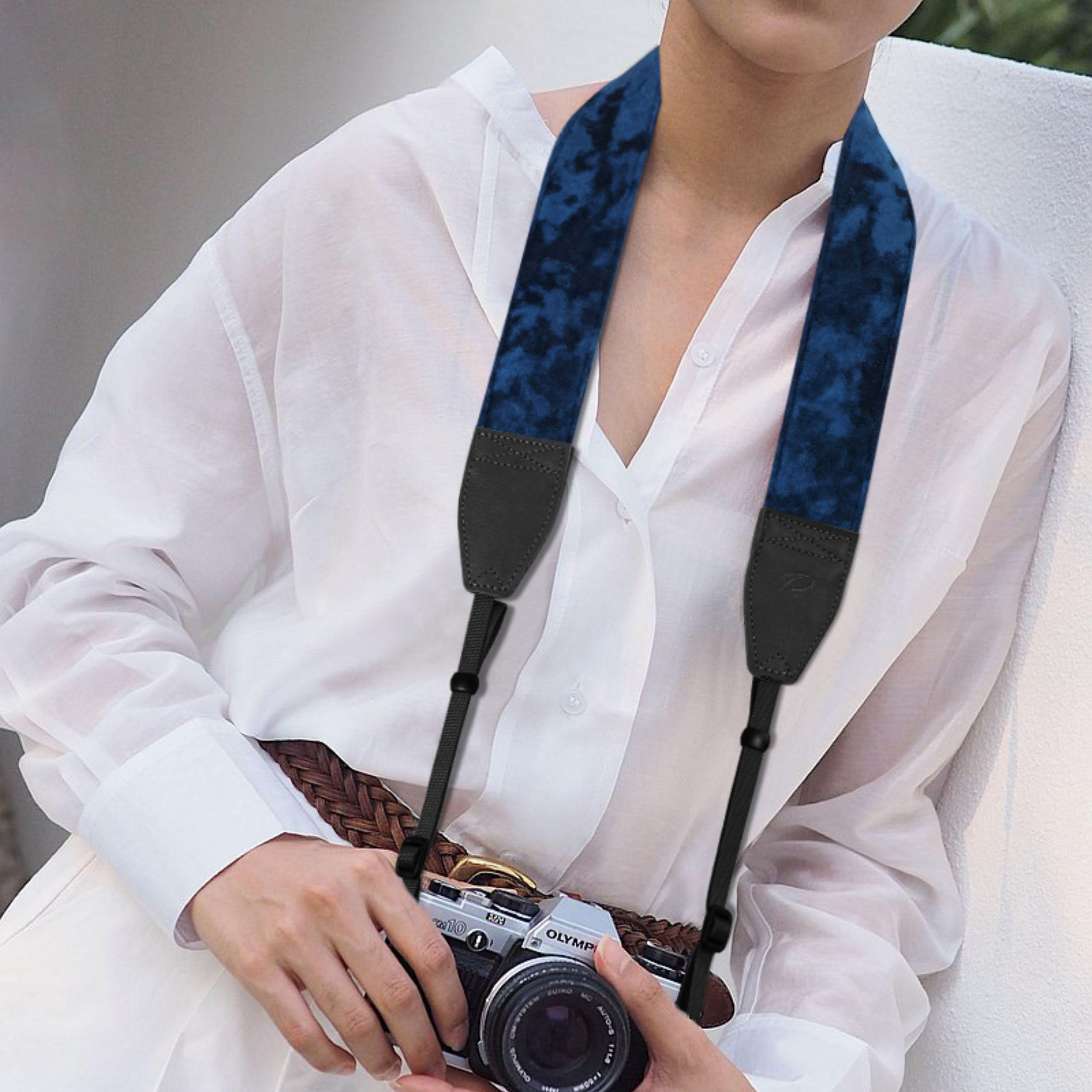 Padwa Lifestyle Velvet Camera Strap - 2" Wide Full Grain Cowhide Head Soft Velvet Straps For Photographers,Complimentary 2 Pcs Quick Release For All Dslr,Mirrorless Cameras,Binoculars - Dark Navy Blue