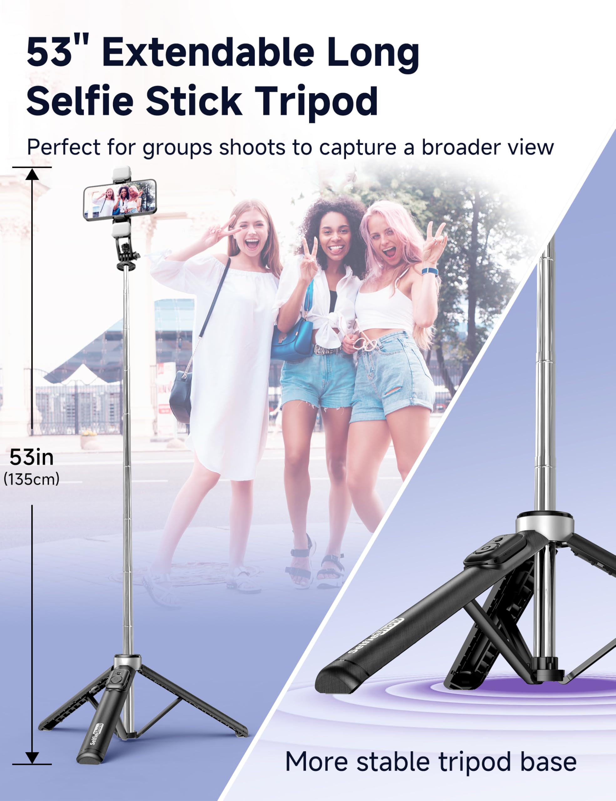 Selfieshow 53'' Selfie Stick Tripod With Light, Extendable Selfie Stick With Remote, Portable Cell Phone Tripod Stand With All In 1 Phone Clip, Lightweight Camera Tripod Compatible With Iphone 15 14 13, Android