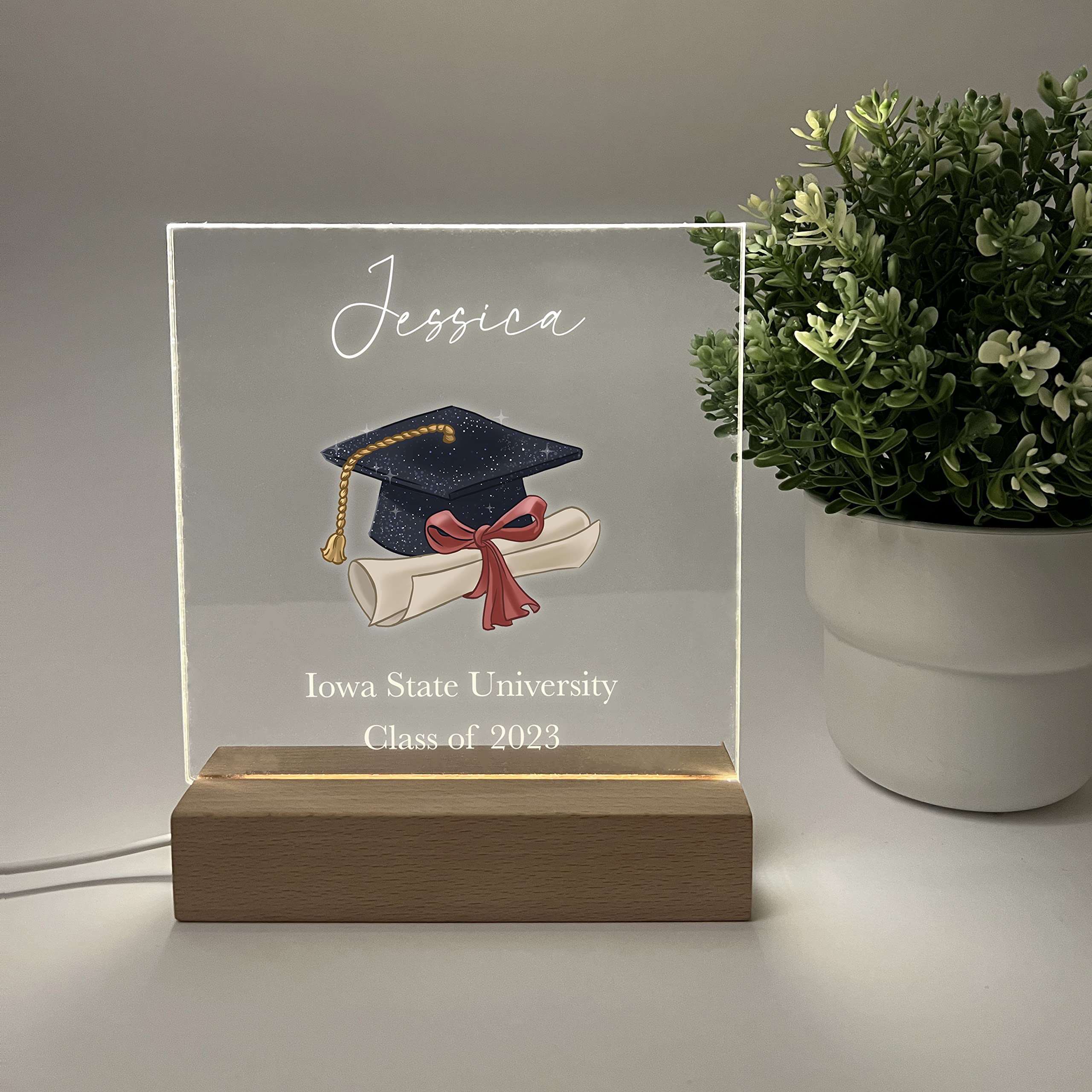 Mirror Mania Personalized Frame Light Up Table Lamp Wood Base Stand Plaque Led Desk Stand Custom Graduation Cap Diploma Class Of Graduating Year High School University College Graduate Congrats