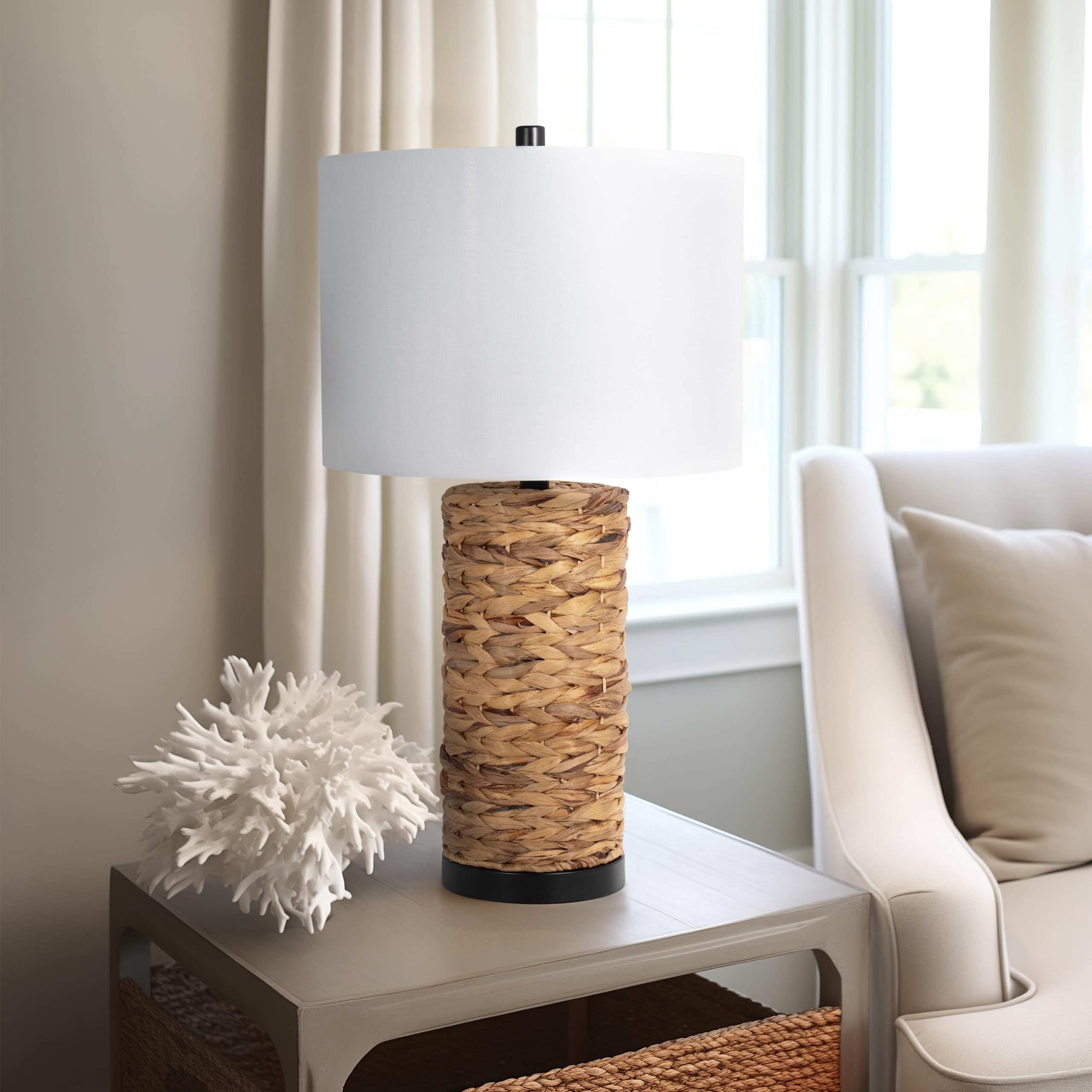 Sagebrook Home Woven Seagrass Table Lamp With Linen Shade – Rustic Coastal Design, Brown, Bedside & Desk Lamp For Bedroom, Living Room, Office, 26 Inches