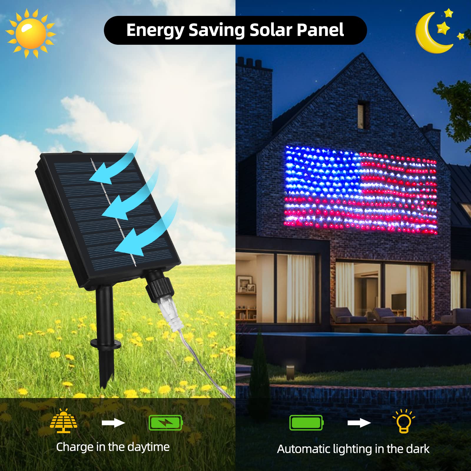Green Convenience American Flag Lights With 390 Led String Light,2-In-1 Ft Usb & Solar Powered Us Flag Lights,4Th Of July Decorations,Waterproof Net Light For Independence Day National Day