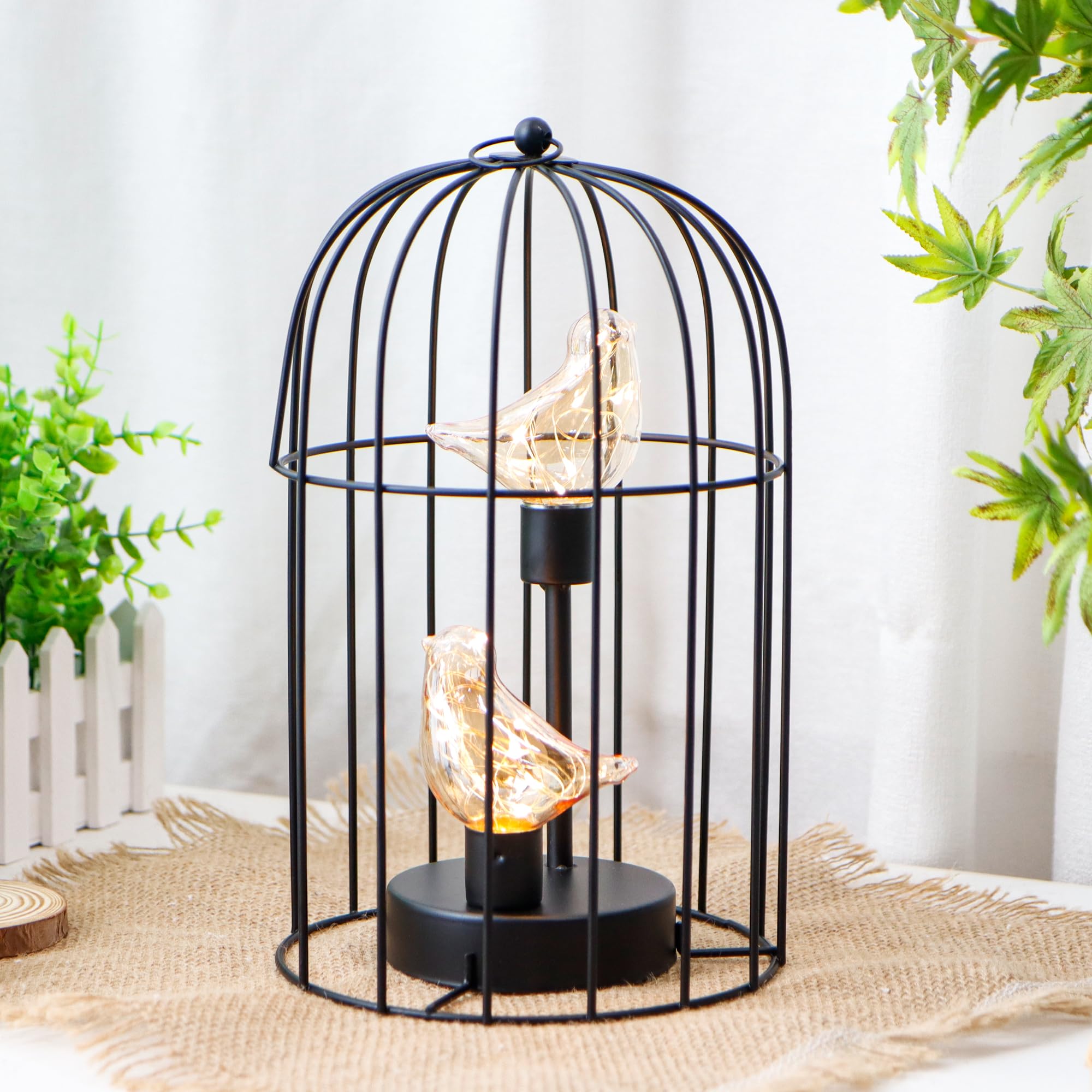 Jhy Design Birdcage Decorative Lamp Battery Operated 12" H Cordless Table Lamp With Warm White Fairy Lights Bird Bulb For Indoor Bedroom Living Room Home Wedding Xmas(Black)