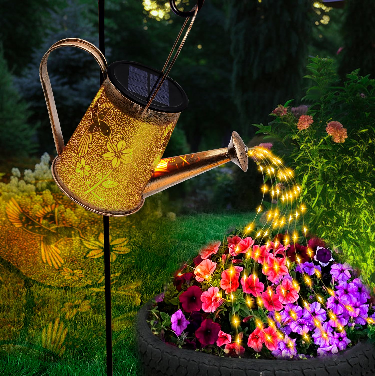 Yjfwal 2 Pack Solar Watering Can With Lights,Hummingbird Pattern+Copper Coin Pattern
