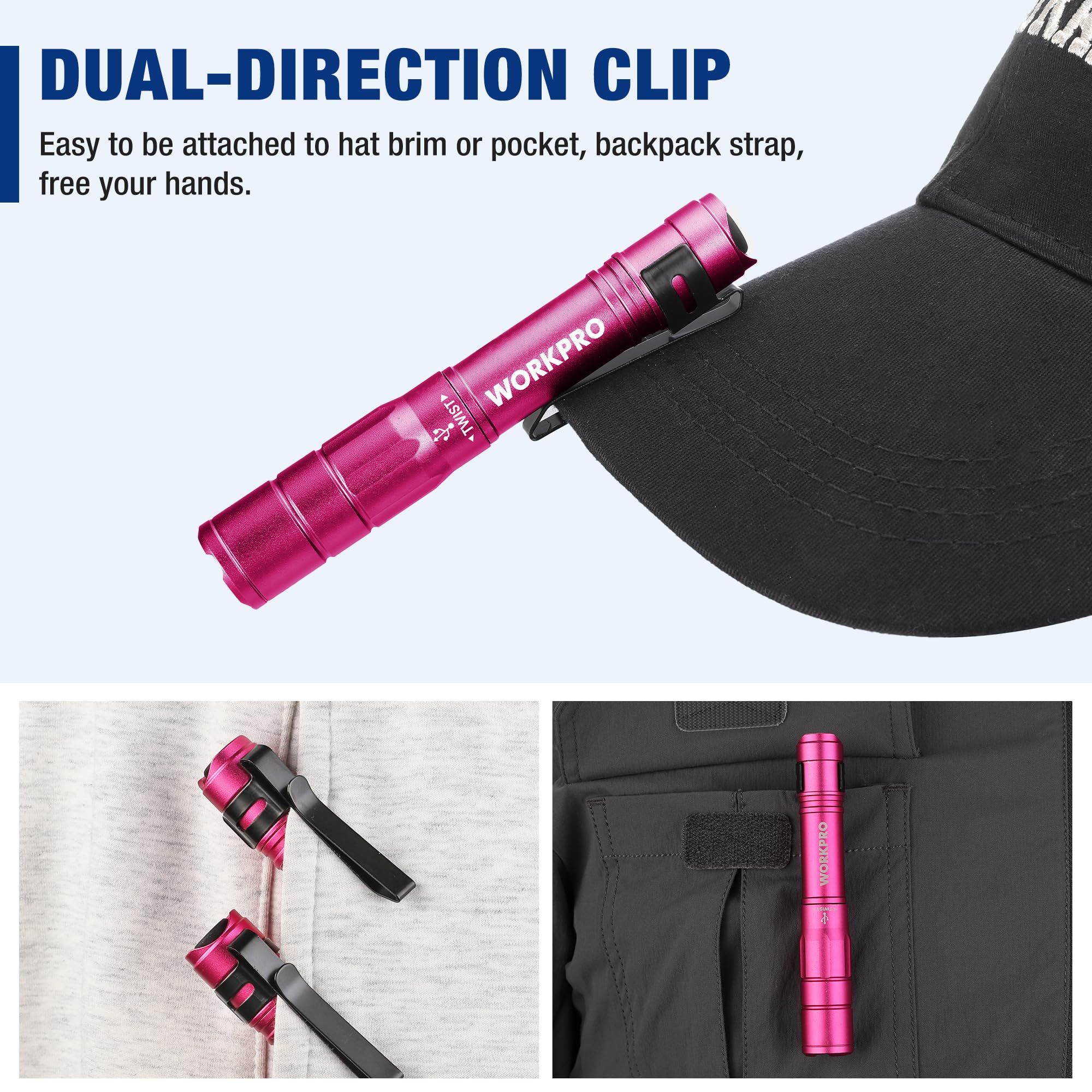 Workpro 2 Pack Rechargeable Pen Light Black & 2 Pack Rechargeable Pen Light Pink