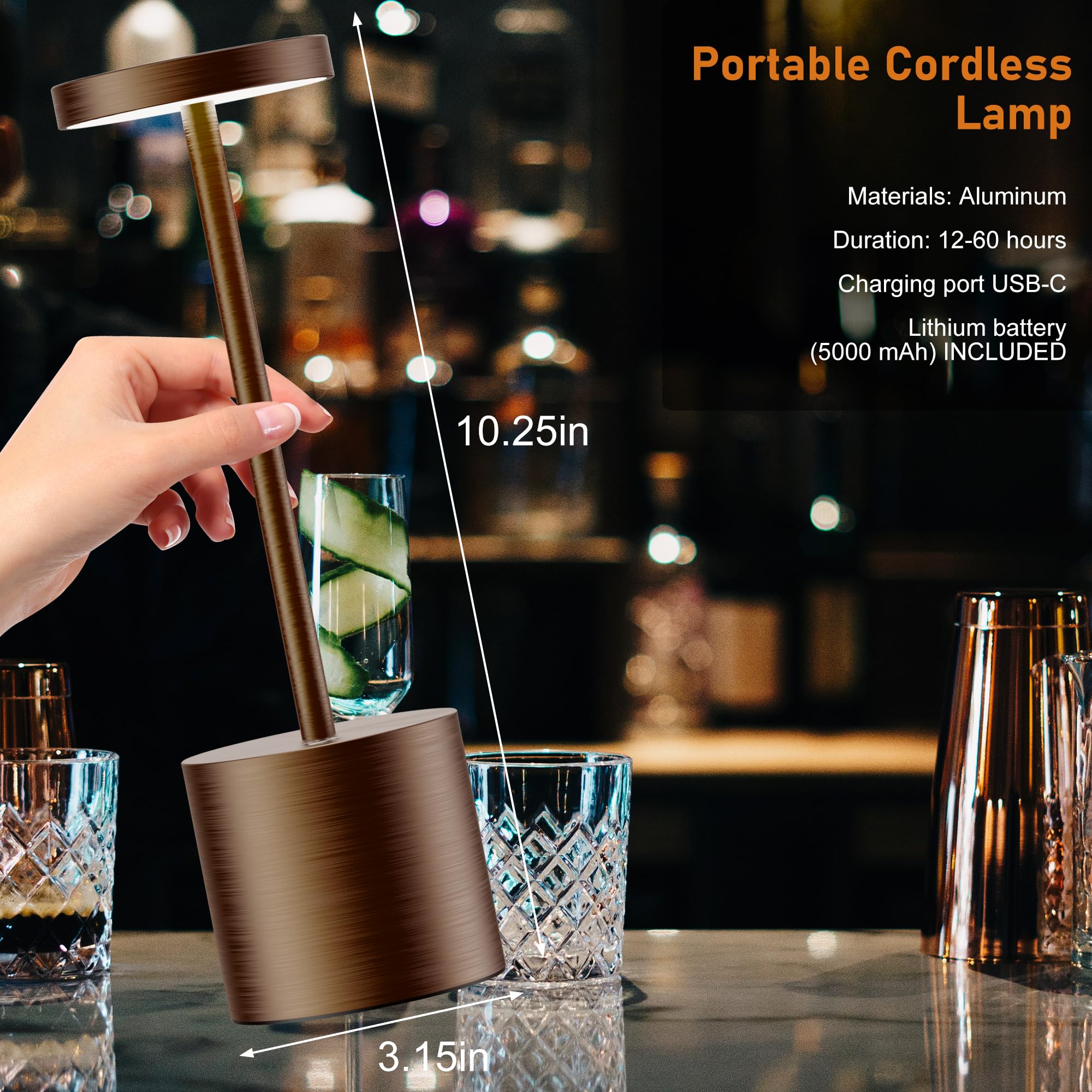 Shangcai Rechargeable Cordless Table Lamp, 5000Mah Battery Operated Outdoor Waterproof Portable Led Touch Desk Lamps For Home Restaurant Dinning Bar Patio Small Table Lights (Moka)