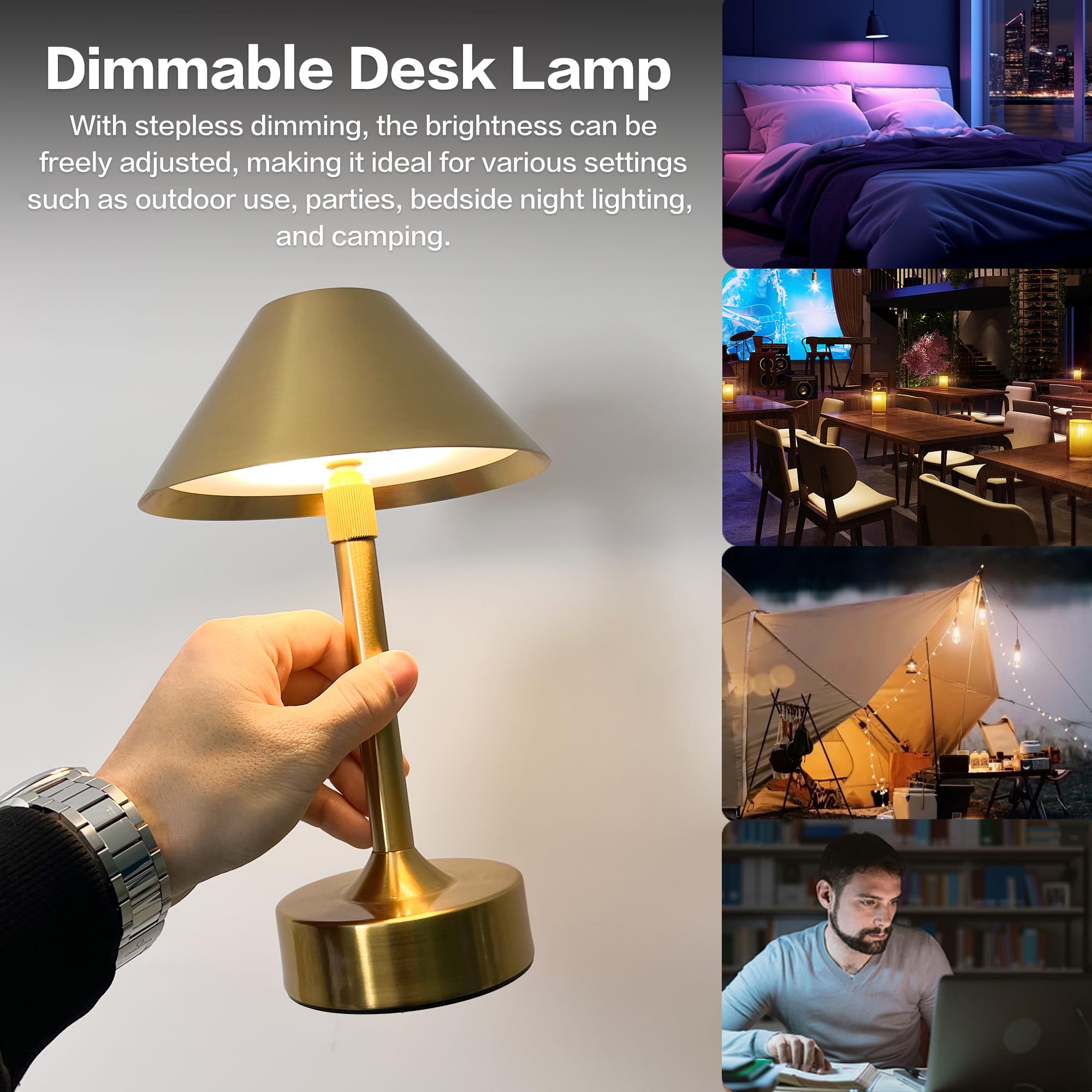 Cocugaowin Cordless Table Lamp - Rechargeable Night Light With 2000Mah Battery, Touch Control, Dimmable White/Warm/Neutral Light, Adjustable Height, Usb Charging, Ambient Led Bedside Lamp (Gold)