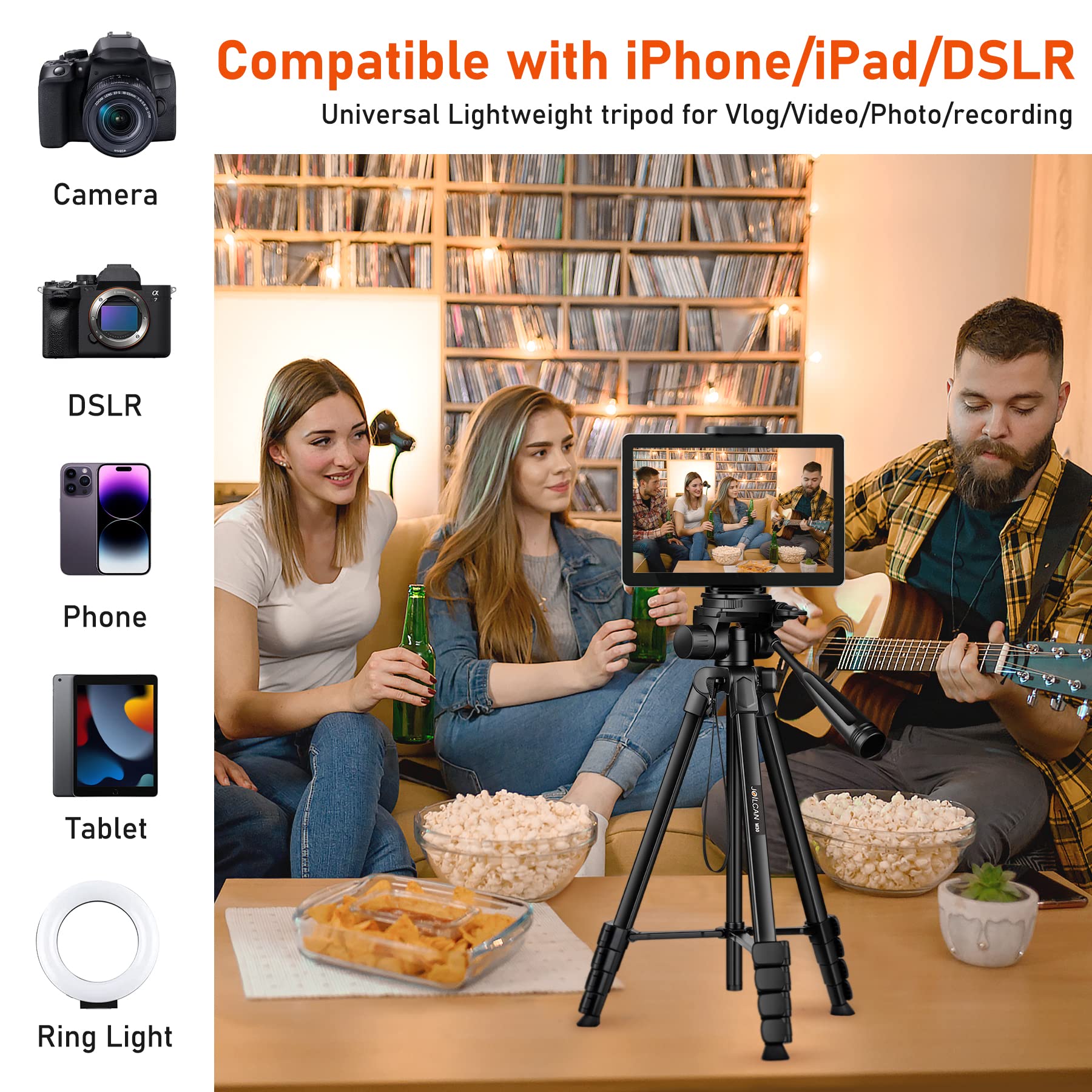 Joilcan Camera Tripod, 68" Tablet Tripod Stand For Phone Cameras, Travel Tripod Compatible With Ipad Iphone Dslr Slr Projector, Cell Phone Tripod Stand With Remote/Travel Bag / 2 In 1 Mount