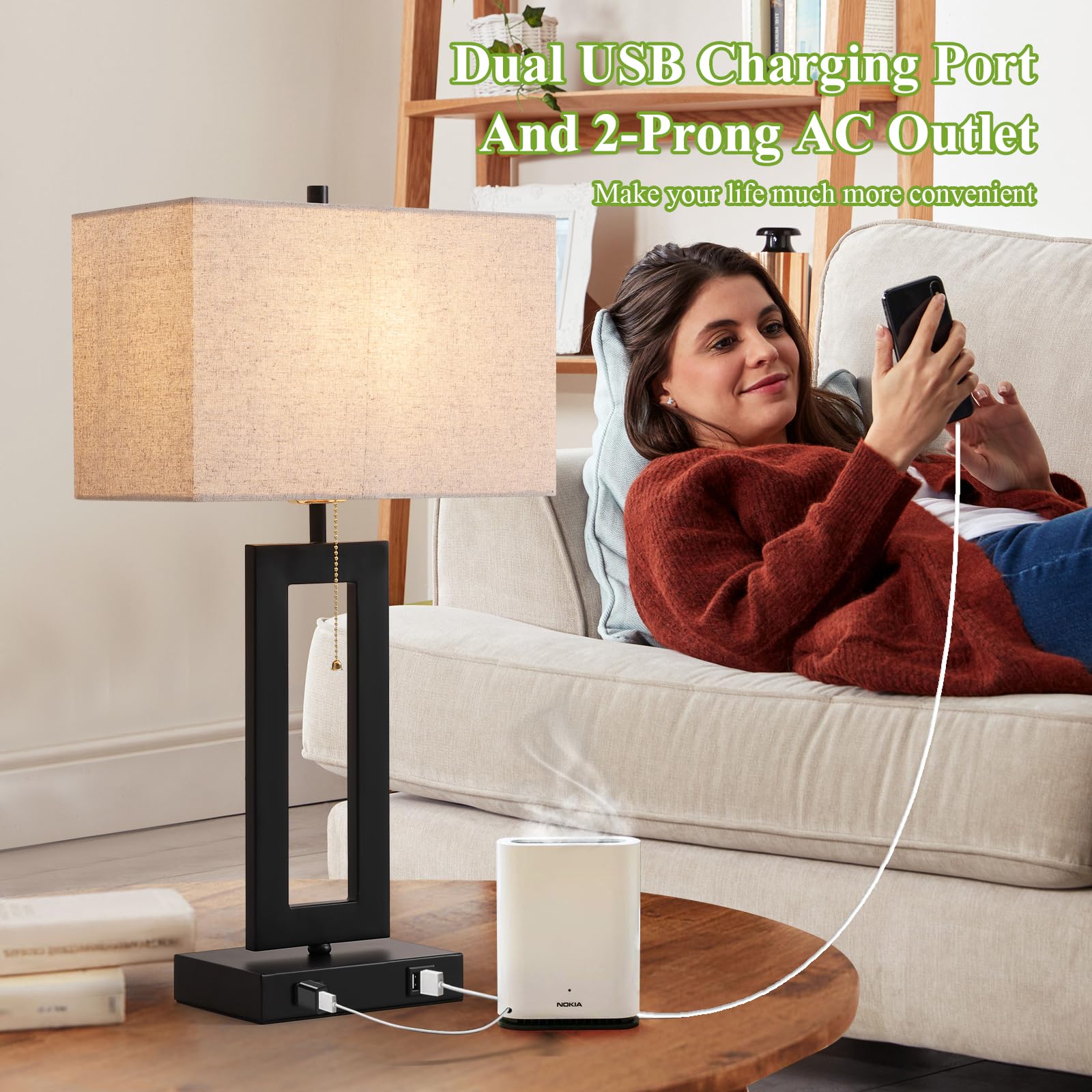 Ibbibabo Set Of 2 Table Lamps With 2 Usb Ports&Ac Outlet, 22.5” Black Industrial Bedroom Bedside Lamps, Modern Nightstand Lamps For End Table Living Room Office Home, Cream Fabric Lampshade&Pull Chain