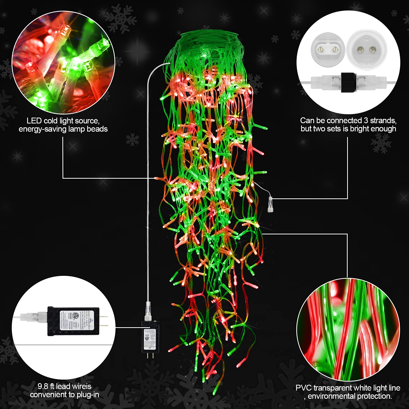 Jxledayy 65 Ft 640 Led Christmas Lights Outdoor Decorations Clear Wire String Lights Plug In 120 Drops 8 Modes Memory Timer Curtain Fairy Lights Waterproof For Holiday Wedding Party-Red And Green