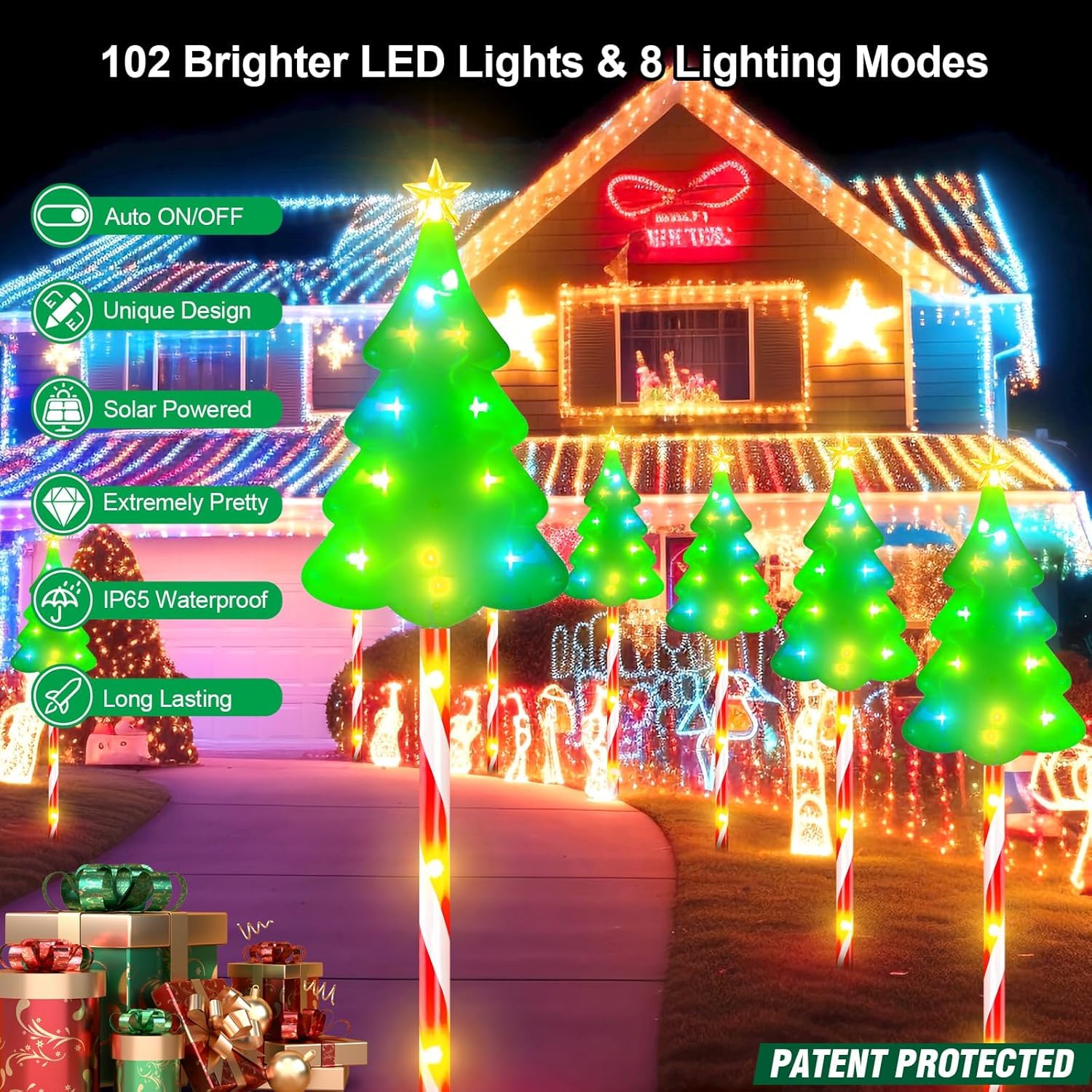 Garpar Christmas Decorations Outside, 102Led Solar Christmas Pathway Lights Outdoor Candy Cane Lights, 8 Modes Waterproof Solar Outdoor Christmas Decorations For Pathway Yard Garden Outside - 6 Pack