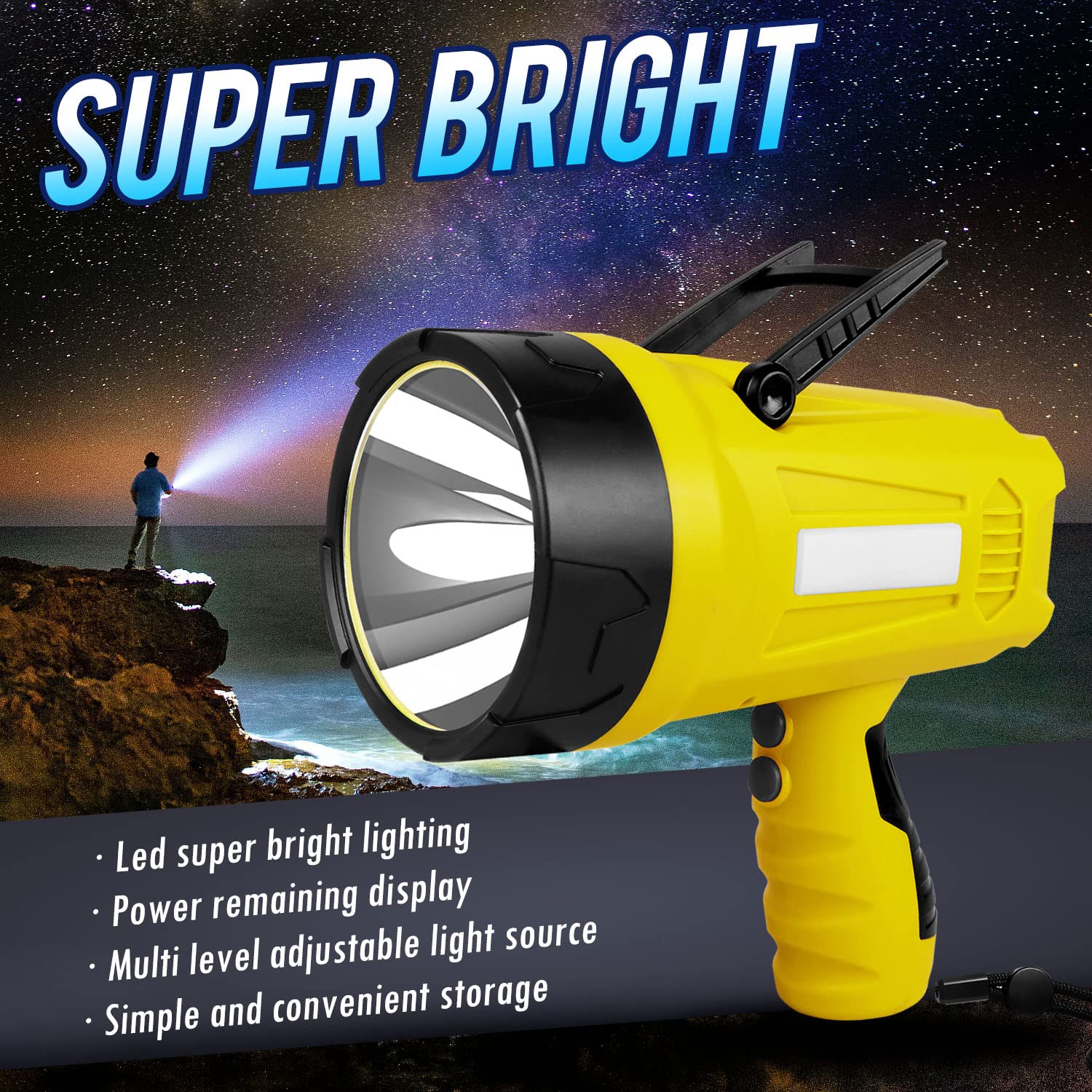 Odqo 10000 Lumen Rechargeable Ultra Bright Led Spotlight Flashlight, High Powered Work Light + Collapsible Tripod - Perfect For Camping, Hiking, Hunting, Emergencies & Outdoors
