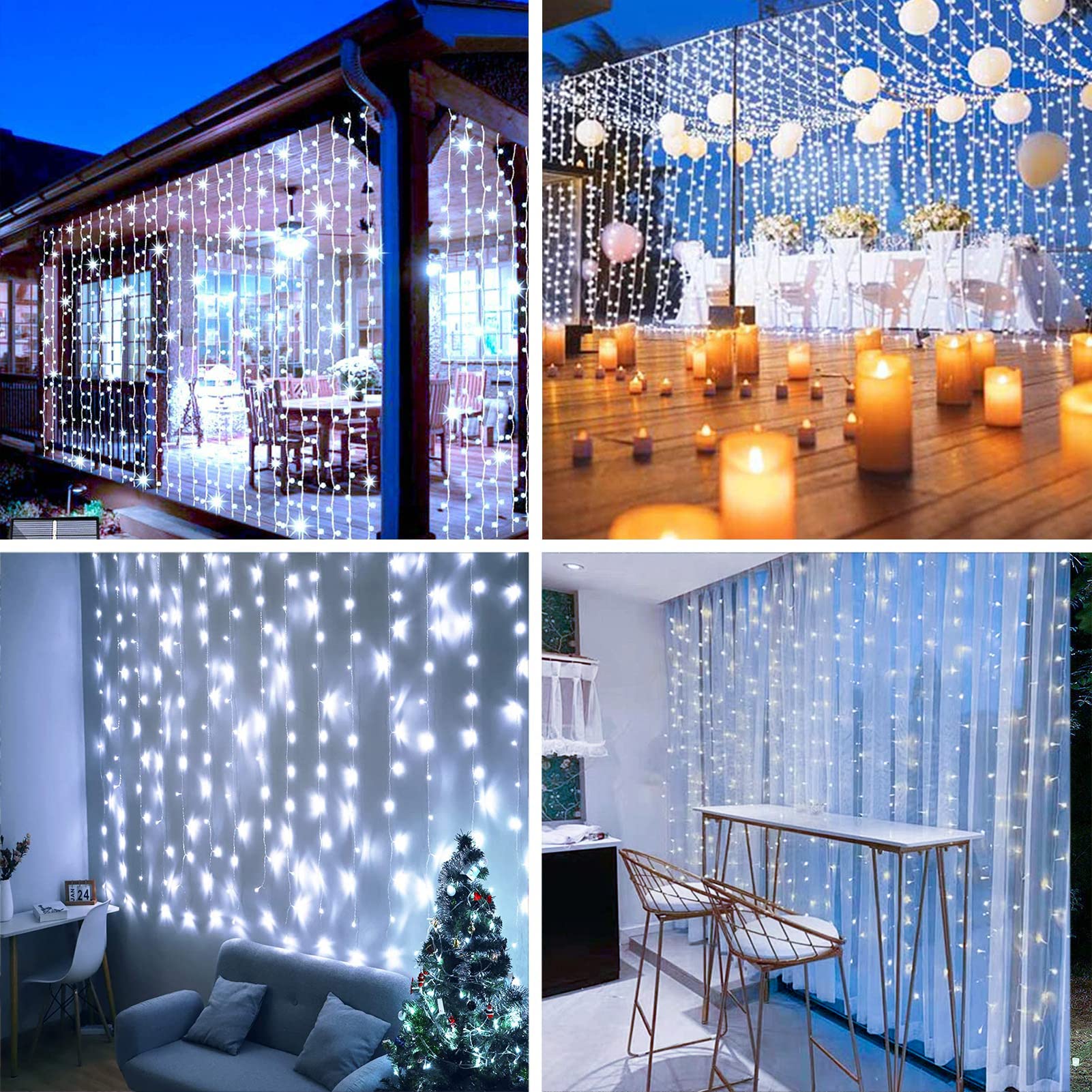 Xinxianlian 300Led Solar Curtain Lights - Outdoor/Indoor Solar String Lights With 8 Modes & Waterproof Design For Home Garden Patent Decoration (Cold White)
