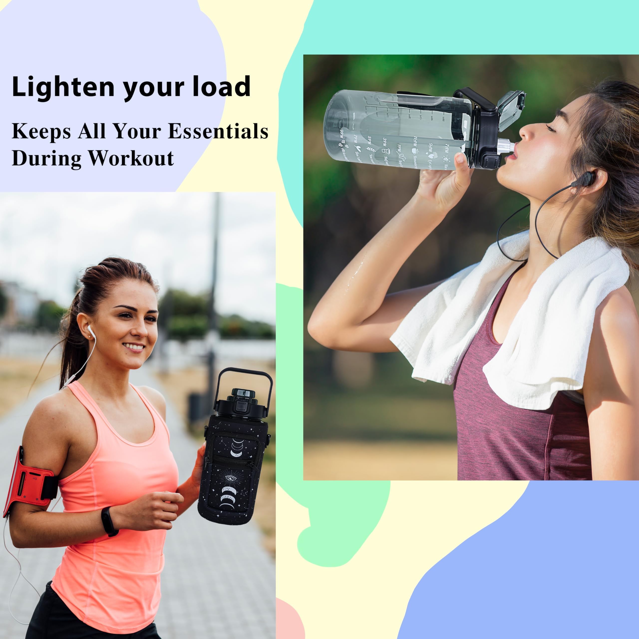 64 Oz Water Bottle With Straw Sleeve & Strap Motivational Half Gallon Water Jug With Handle