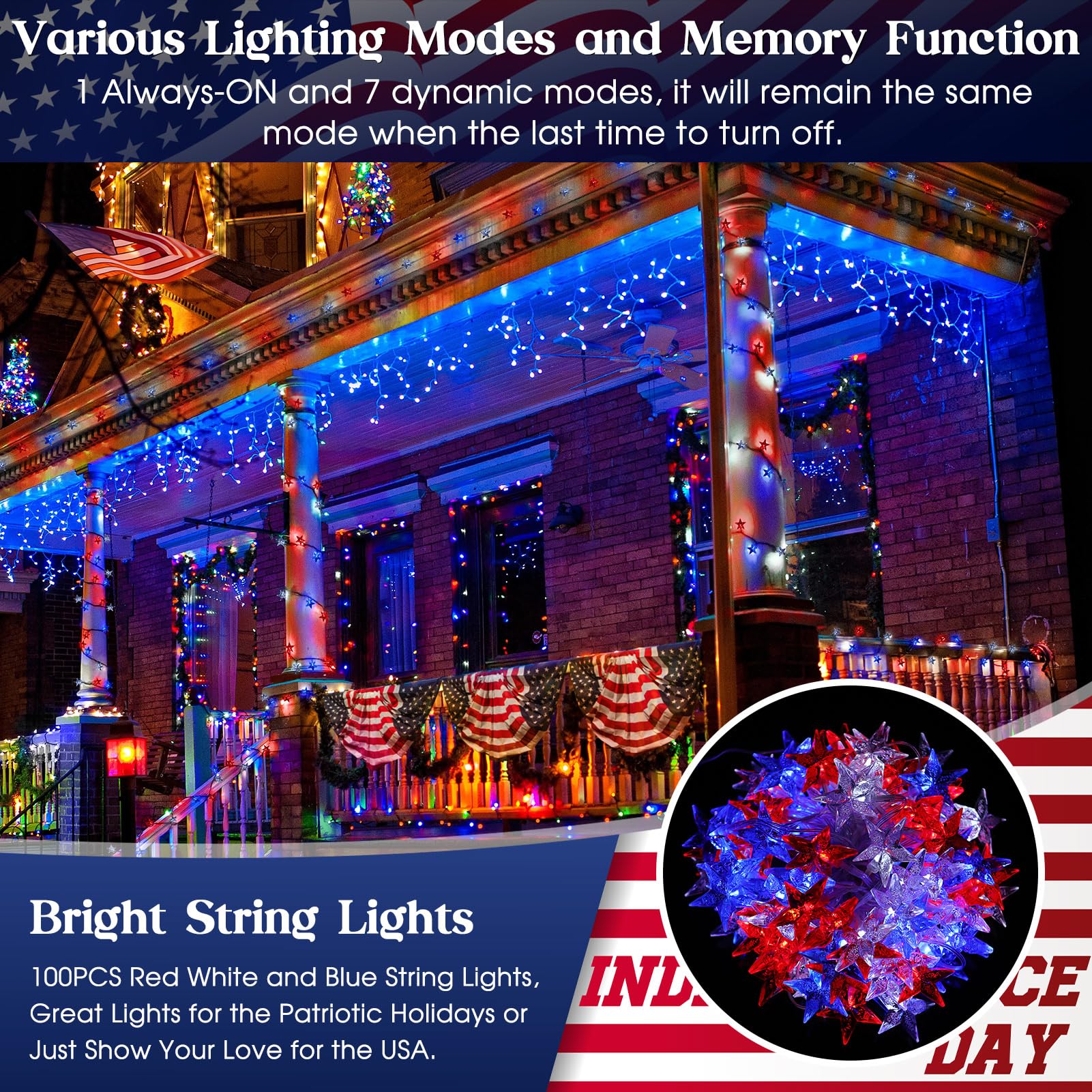 Reyeeinc Solar 4Th Of July String Lights, 100 Stars And 39.4Ft Outdoor Waterproof Red White And Blue Lights, Solar Battery Operated Fourth Of July Patriotic Lights For Golf Cart, Camping, Outside Decorations