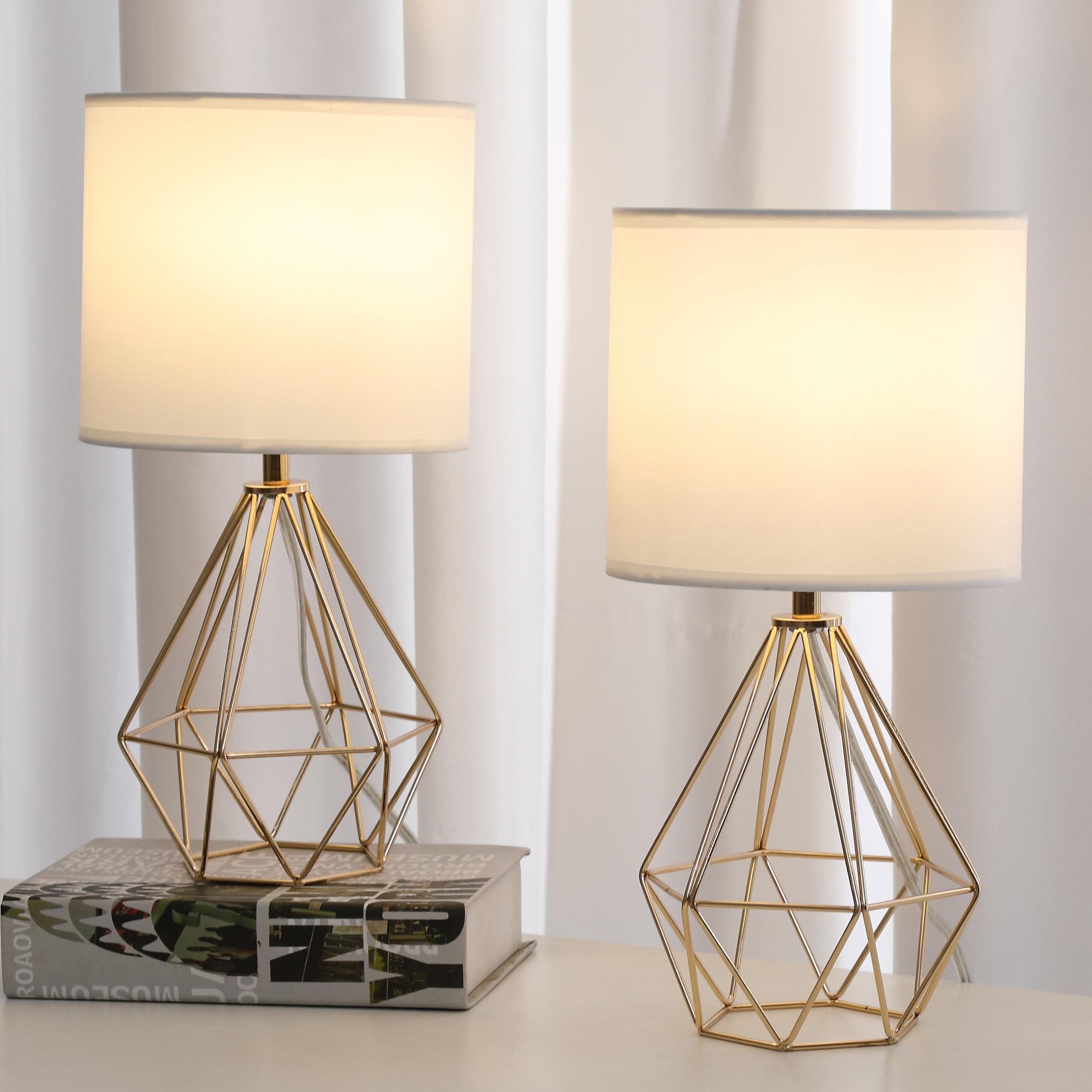 Krasty Small Gold Table Lamp Set Of 2, Bedside Nightstand Lamps With White Fabric Shade,Hollow Metal Base, Desk Lamp, Modern Geometric Table Lamp For Bedrooms, Living Room,Office