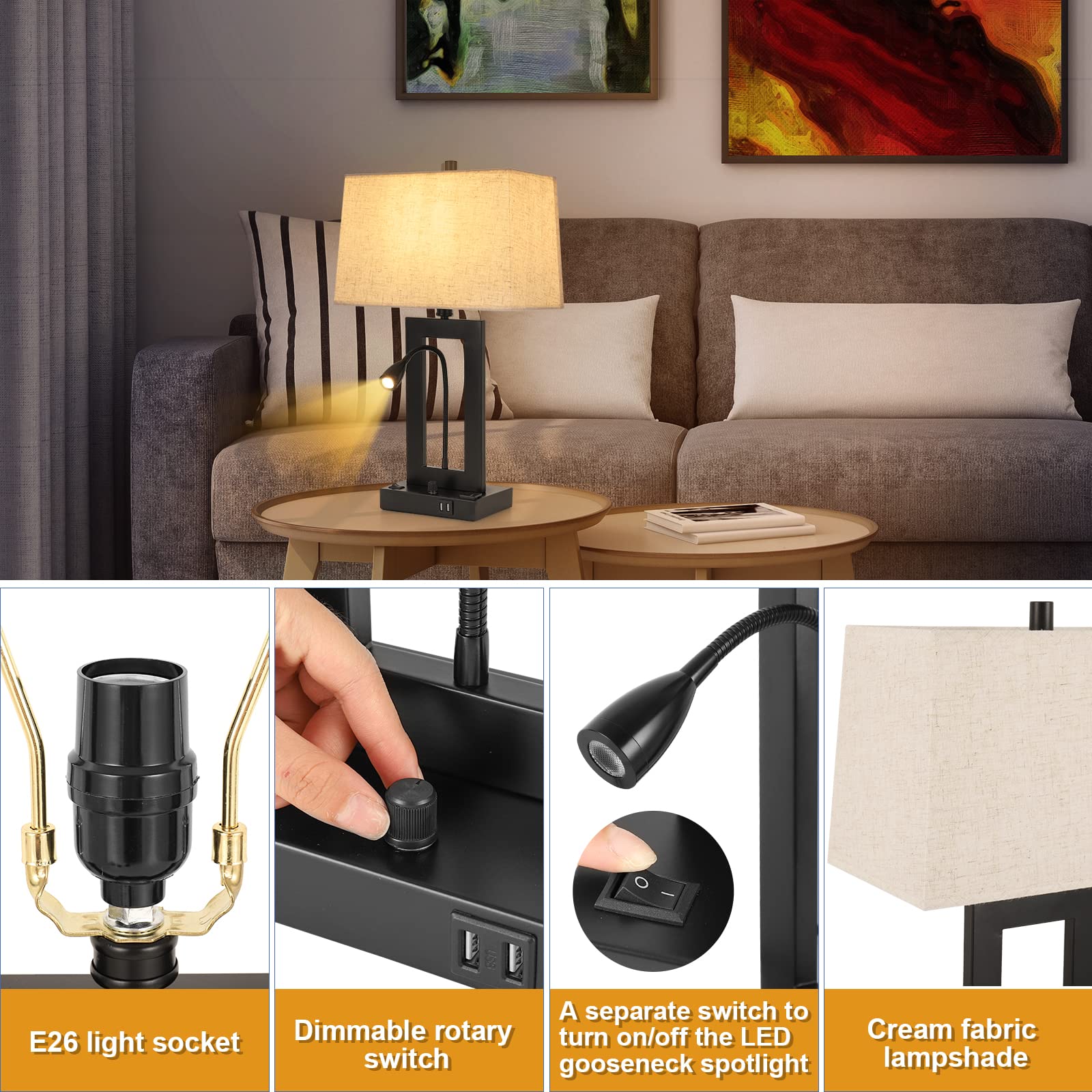 Trlife Table Lamp With Usb Charging Ports And Ac Outlet, Fully Dimmable Modern Nightstand Lamp With Fabric Lampshade For Reading Living Room Office, Attached A Led Gooseneck Spotlight(Bulb Included)