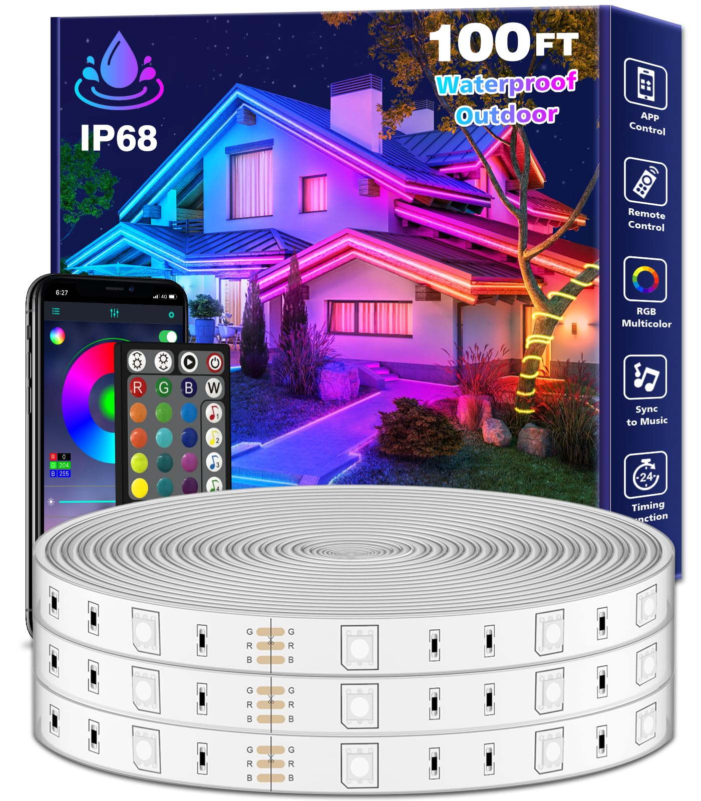 Aulimhti 100Ft Outdoor Led Strip Lights Waterproof,Music Sync Rgb Ip65 Outside Led Light Strips Waterproof With App And Remote,Exterior Led Rope Lights Waterproof For Deck,Balcony,Roof,Garden,Pool
