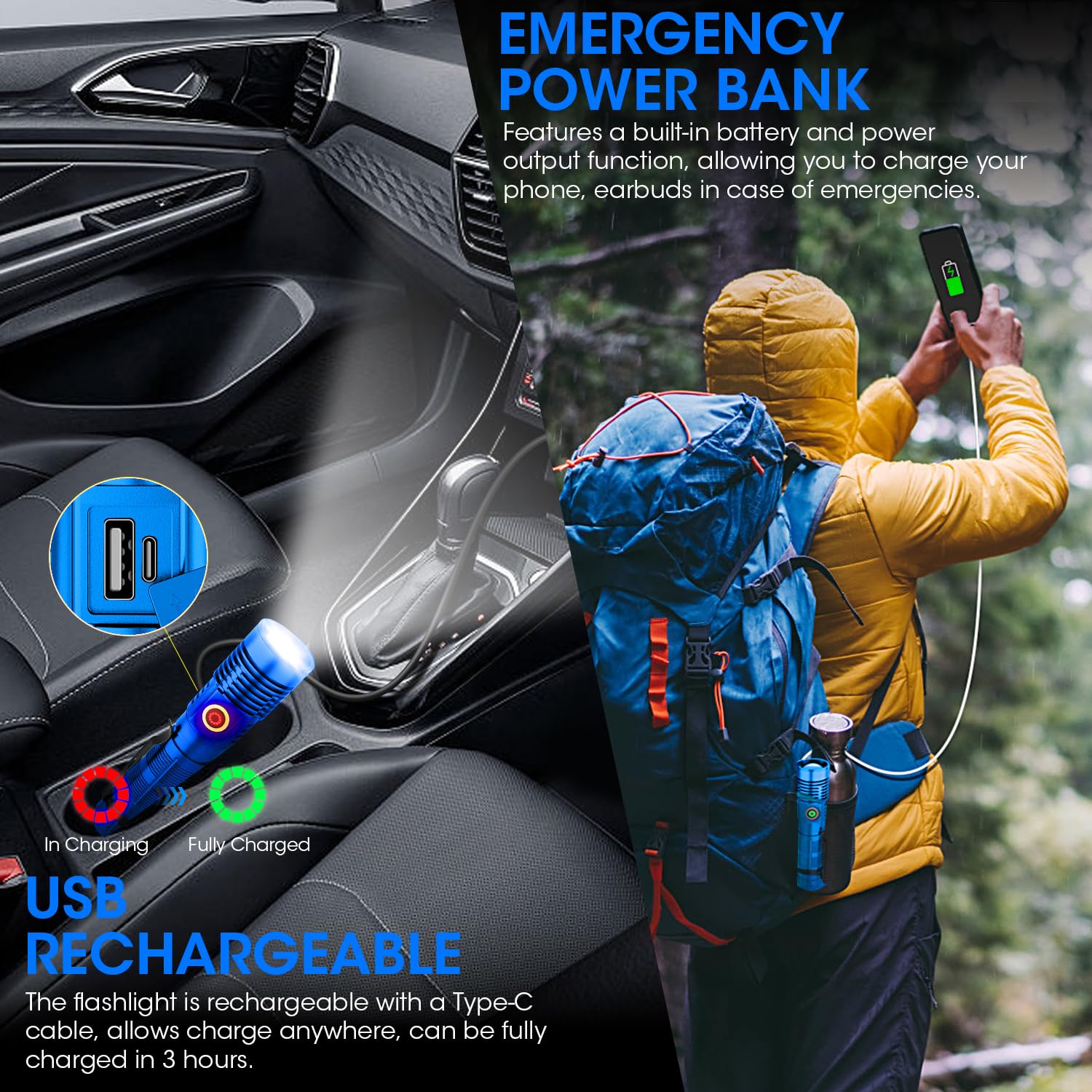 Spriak Rechargeable Flashlight High Lumens, 12000 High Lumens Super Bright Flash Light, 1500 Meter Long-Range Zoomable Led Flashlights For Emergency, Edc, Searching, Waterproof Flashlight Dimmable Blue Pcs