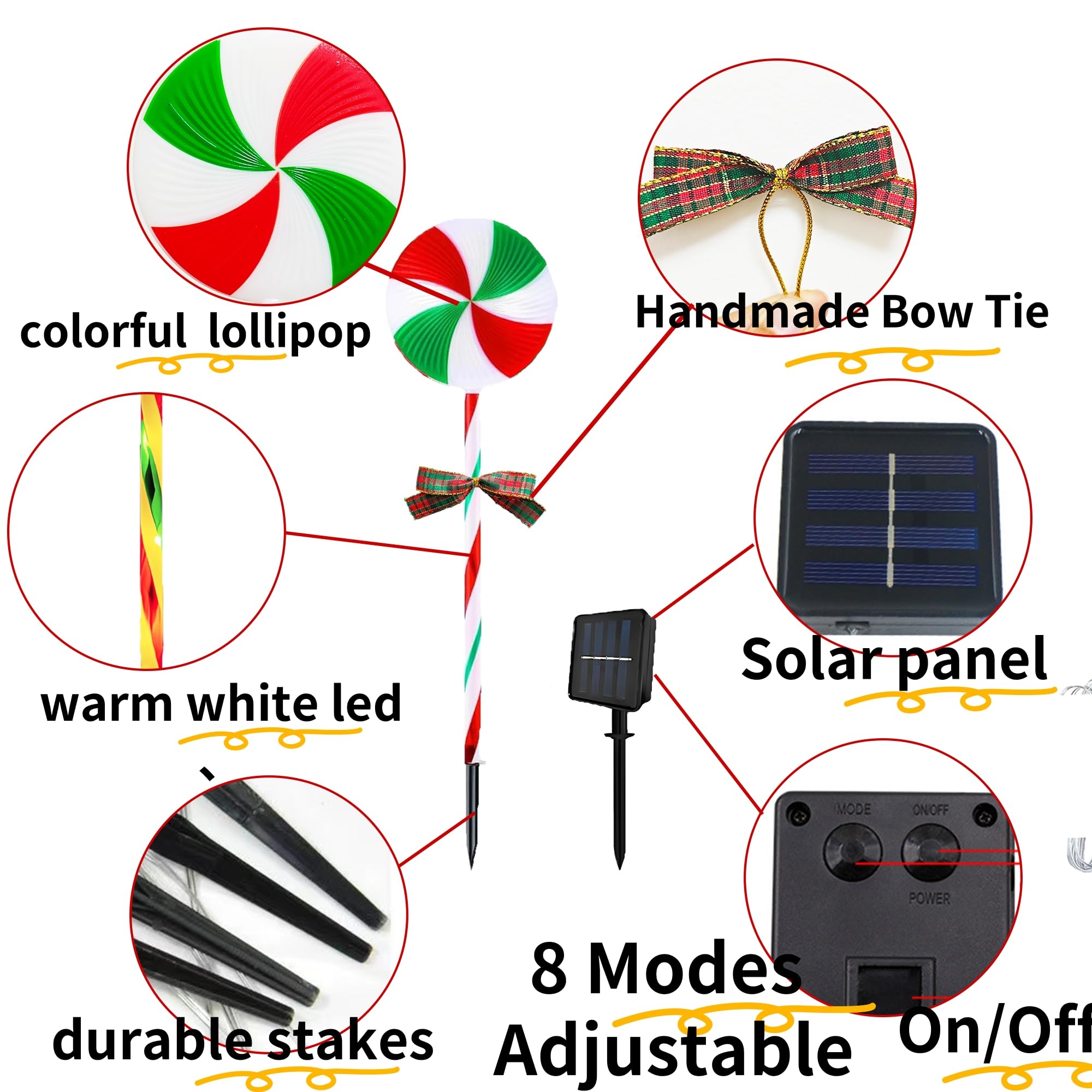 Ijmio 10 Packs Christmas Pathway Lollipop Lights With Bow Tie Solar Powered Outdoor Waterproof Xmas Candy Cane Path Landscape Decorative Stake Lights 2 Solar Panel + 10 Lights