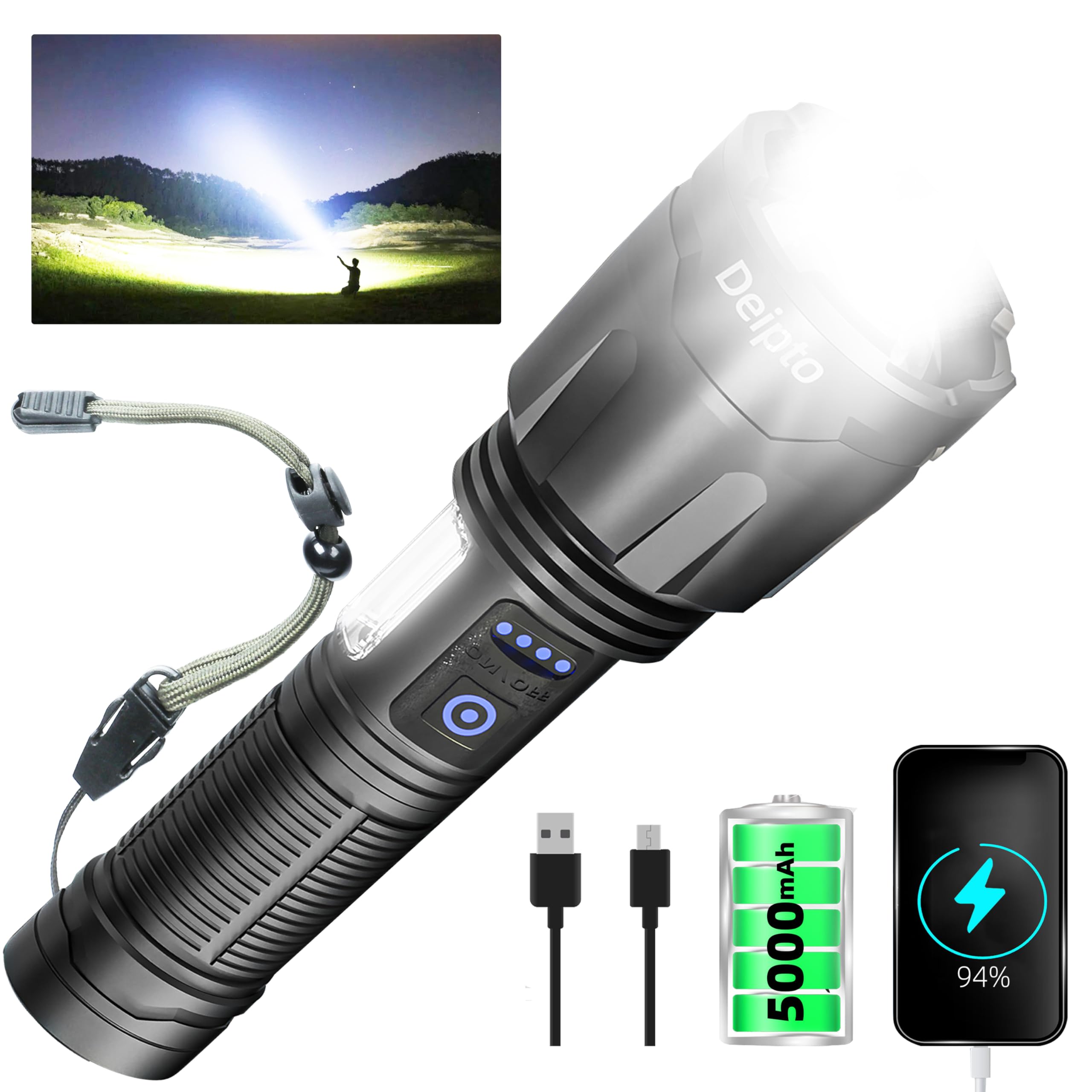 Deipto Rechargeable Flashlights High Lumens, Super Bright Flashlight 9000000 Lumens With 7 Modes, Ip54 Waterproof Tactical Flashlights For Home Camping Emergencies Running