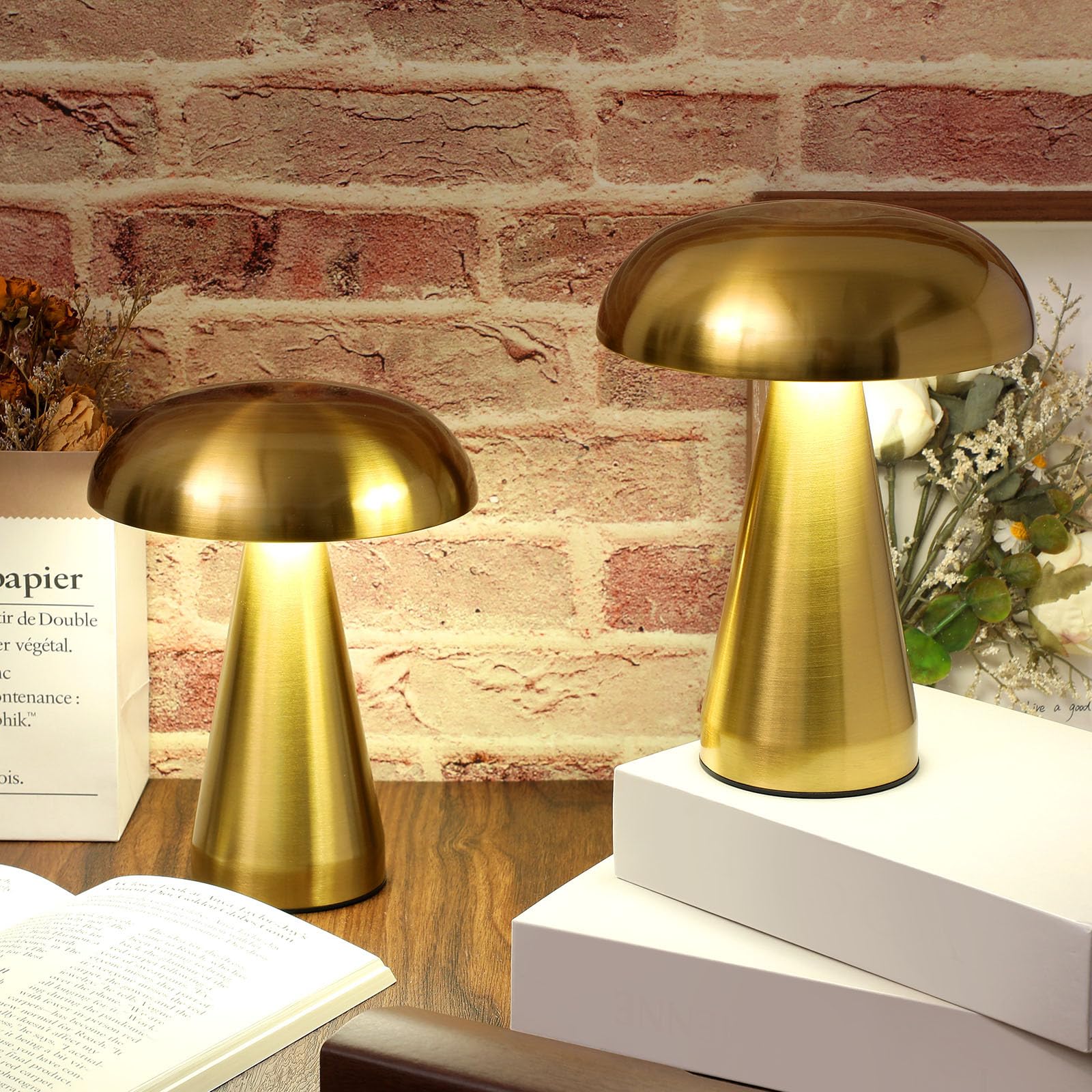 Vihose Set Of 2 Led Mushroom Lamps Portable Metal Table Lamp With Touch Sensor 3 Color Stepless Dimming Desk Lamp Rechargeable Battery Up To 15 Hours Cordless Lamp For Bedroom Nightstand Room Decor