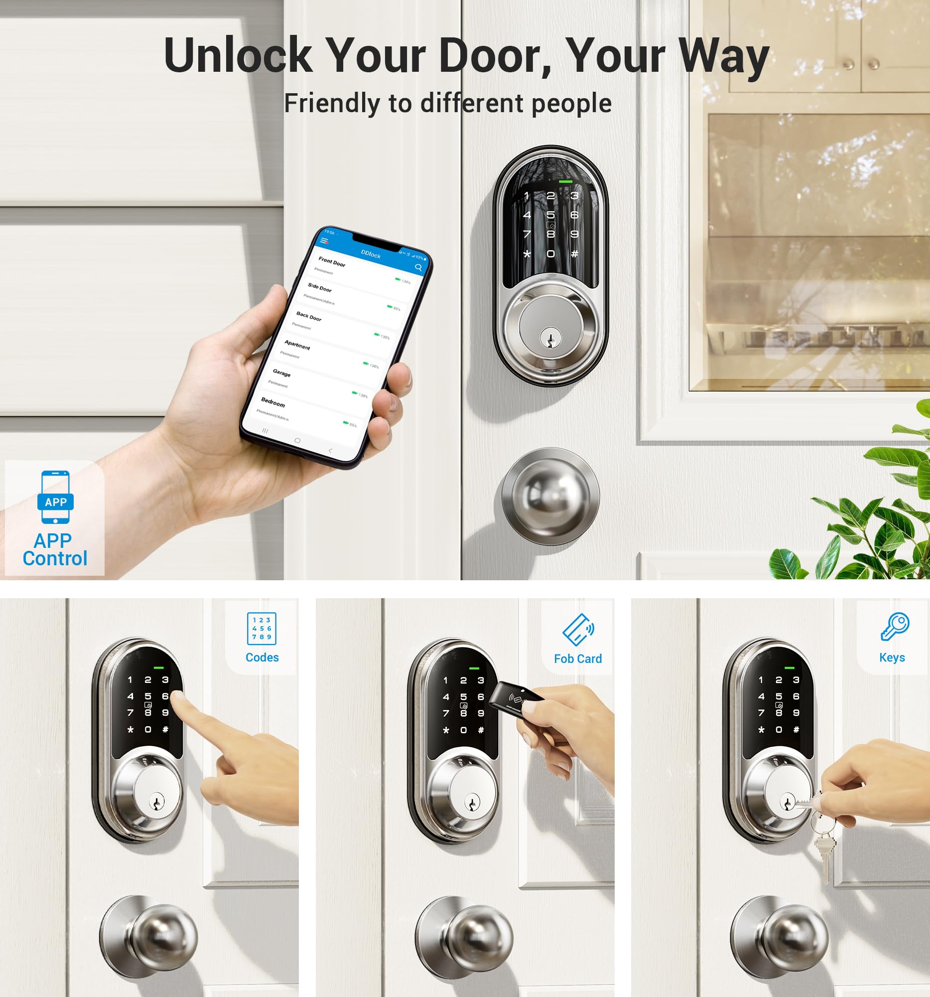 Veise Rz06C Smart Locks For Front Door, 2 Knob Handle Set, Keyless Entry Deadbolt, App Control, Electronic Touchscreen Digital Keypad, Auto Lock, Easy Installation, Ip54 Waterproof, Satin Nickel
