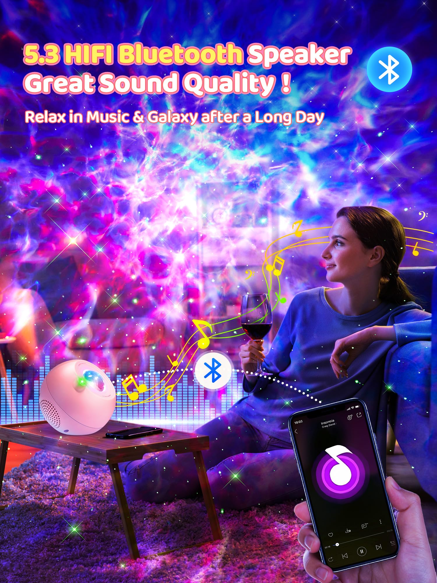 Pikoy Galaxy Projector For Bedroom, 15 Colors Star Projector Galaxy Light Projector For Bedroom Night Light Projector,15 White Noises Star Lights For Ceiling Projector,Bluetooth Projector Lights For Bedroom