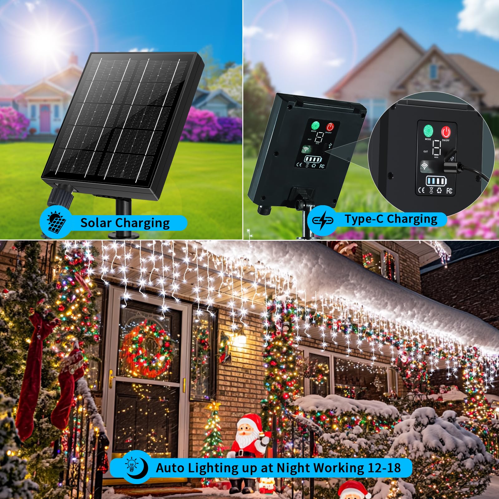Qlirjad Solar Christmas Lights Outdoor Waterproof 60+16Ft 600 Led Icicle Lights For Outside With 2400Mah Connectable Rechargeable Dimmable Remote 8 Modes Fairy Lights For Xmas Yard Eaves Balcony Decorations