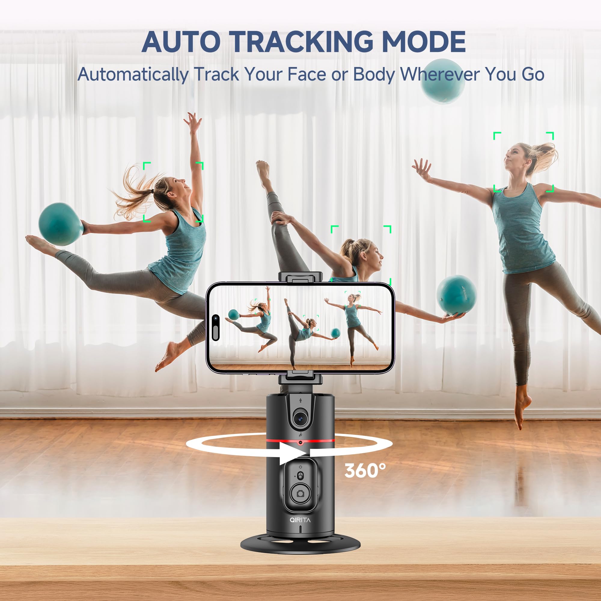 Qirita Auto Face Tracking Tripod, No App, Smart Shooting Phone Holder With Remote, 360° Rotation Body Phone Camera Mount Extendable Body Smart Tracking Tripod For Vlog/Tik Tok, Rechargeable Battery (Black)