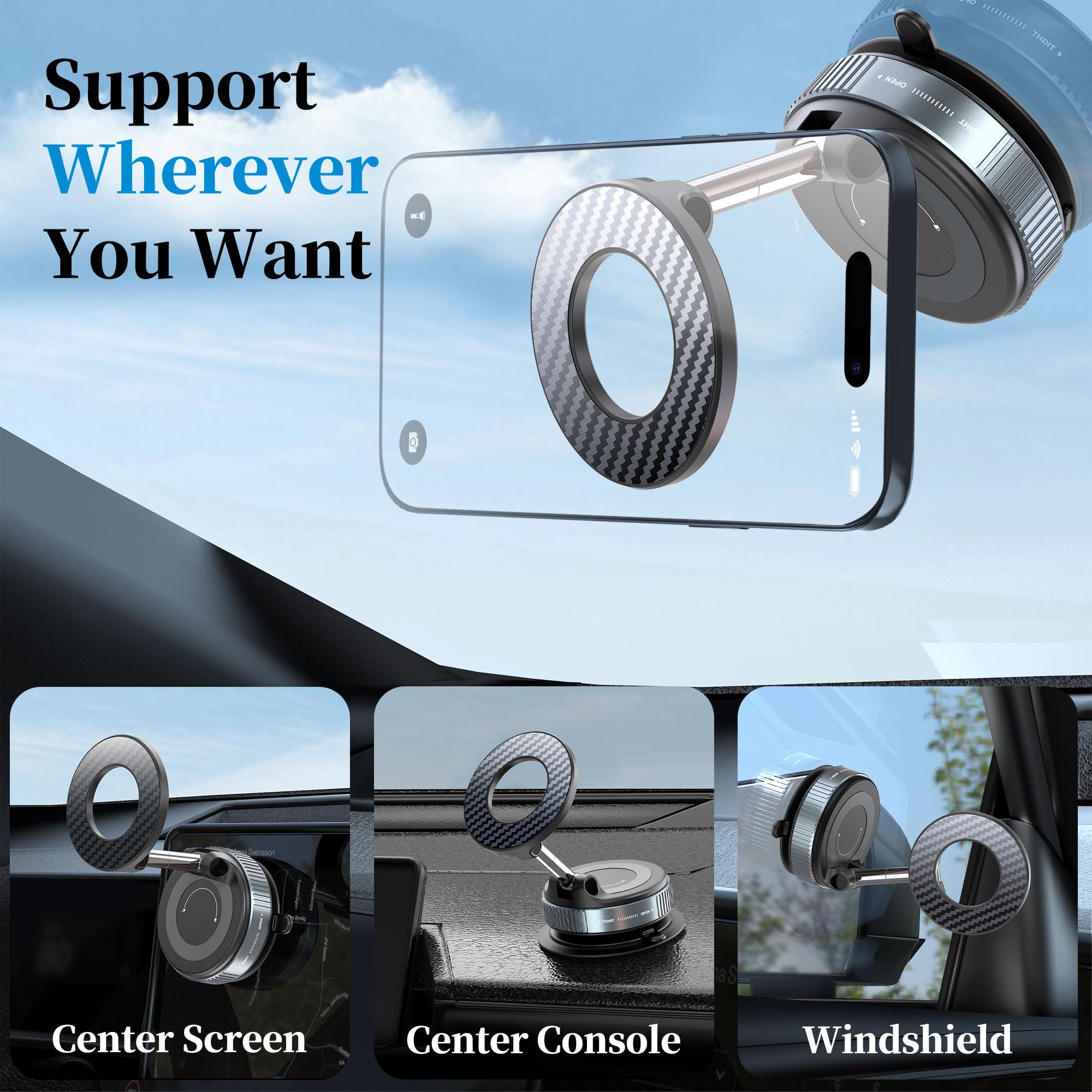 Plusacc Vacuum Magnetic Phone Holder For Car - Suction Cup Phone Mount 360° Rotatable Foldable Portable Strong Magnet Stand For Iphone 16/15/14/13 In Gym, Mirror, Smooth Surface, All Vehicles