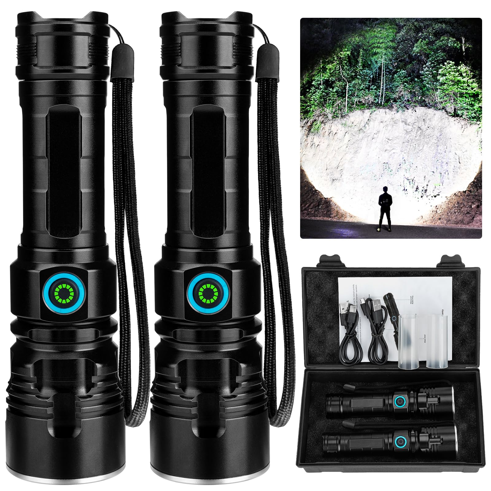 Milaoshu Rechargeable Flashlights 990,000 High Lumens - 2 Pack, 12 Hours Powerful Led Flash Light With Multiple Light Modes, Super Bright & Ipx5 Waterproof Torch For Camping, Home, Emergencies