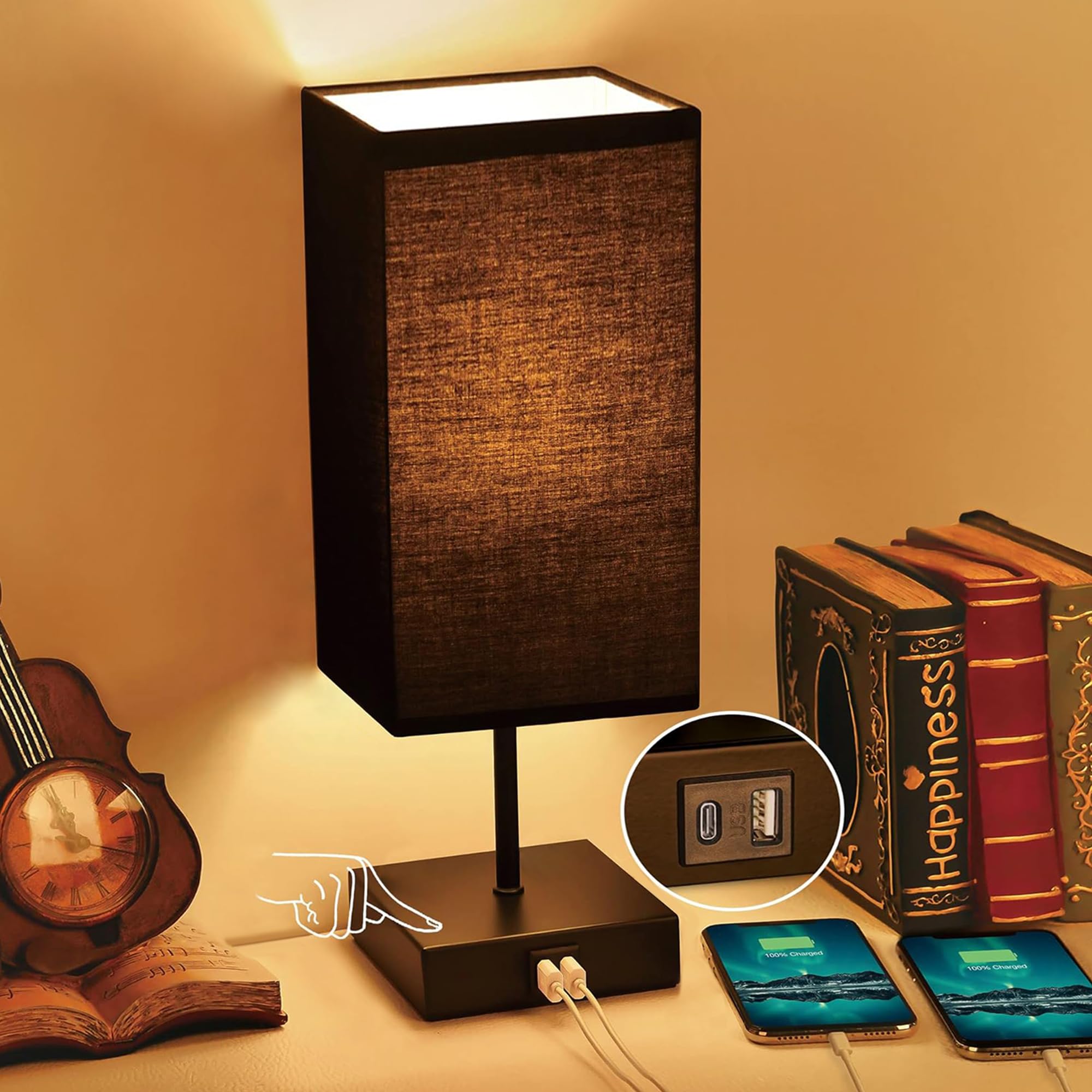 Sailstar Table Lamp For Bedroom, 3 Way Dimmable Touch Bedside Lamp, Small Lamp With 2 Usb C+A Charging Ports, Black Nightstand Lamps For End Table, Living Room, Desk, Bulb Included