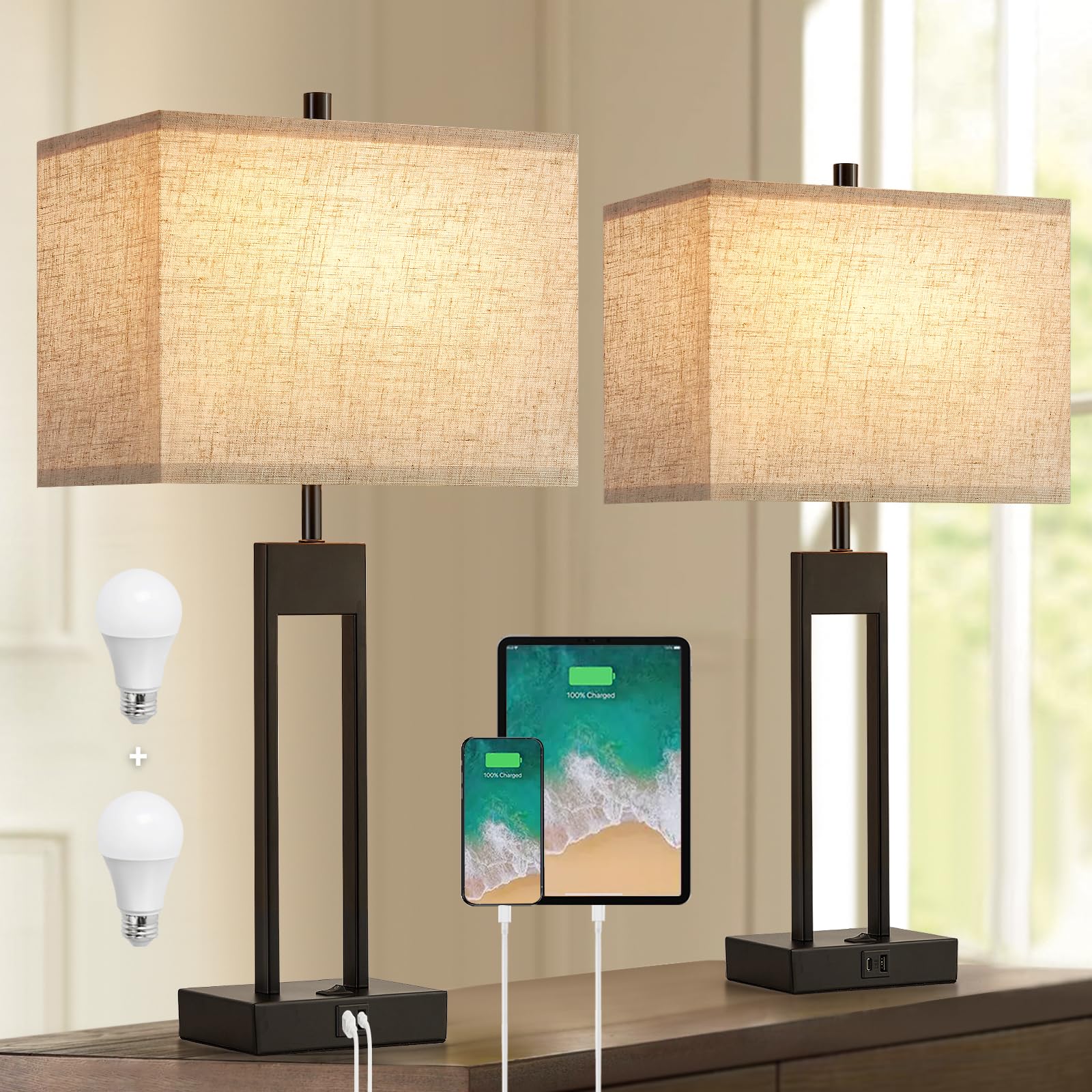 Gyrovu 25.5’’ Nightstand Table Lamps For Bedrooms Set Of 2, Bedside Lamp With Usb C+A, 3 Colors Changeable Living Room Lamps For End Tables, Modern Night Stand Lamps For Bed Side Guest Room Office Reading