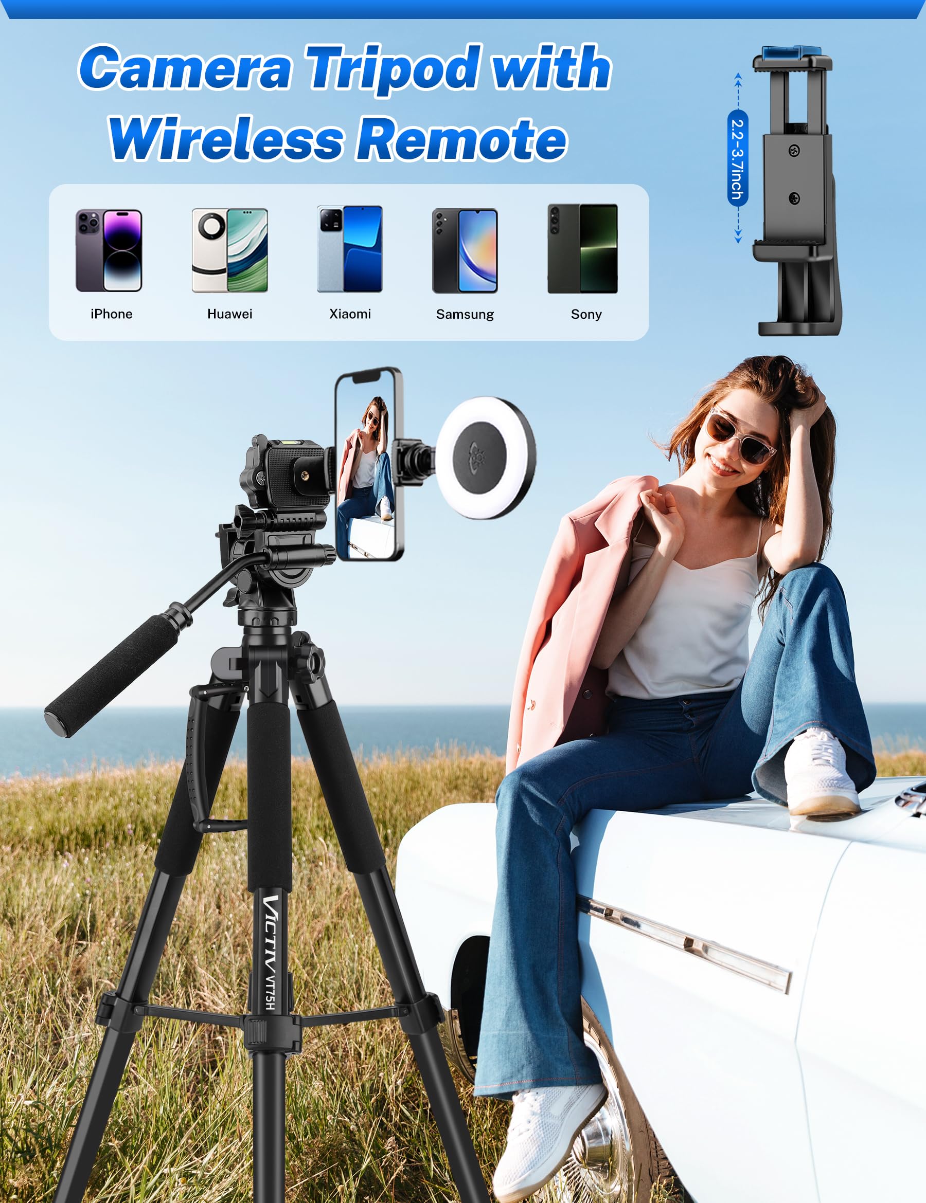 Victiv 75" Camera Tripod Stand, Heavy Duty & Ultra-Stable For Video Camera/Dslr/Cell Phone/Camcorder/Spotting Scopes, Professional Aluminum, Tall For Video Recording