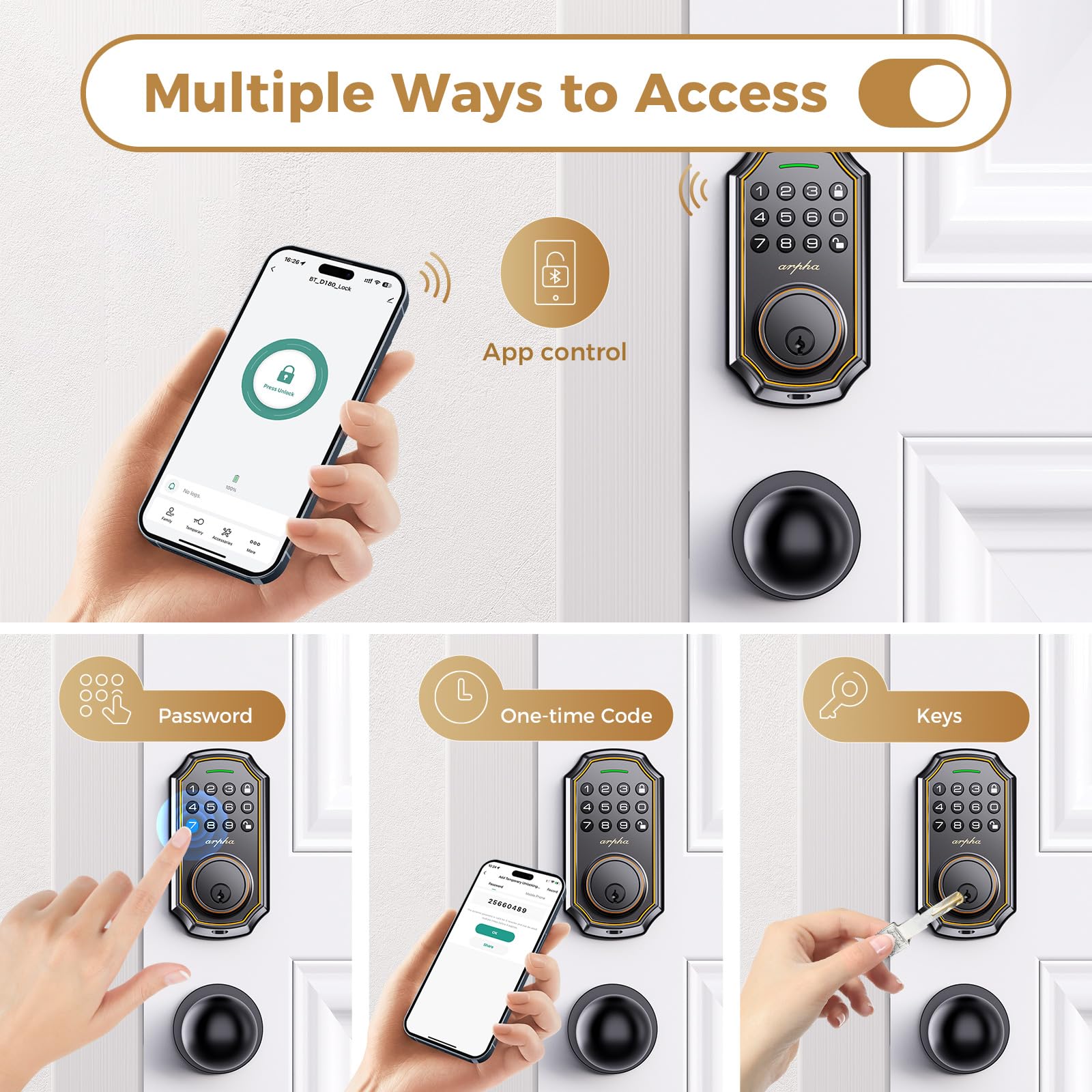 Arpha Smart Lock - Keyless Entry Door Lock With 2 Door Knobs, Electronic Deadbolt, App Control & Keypad Access, 100 Codes, Auto Lock, One-Time Code, Anti-Peep Password, Easy To Install For Front Door